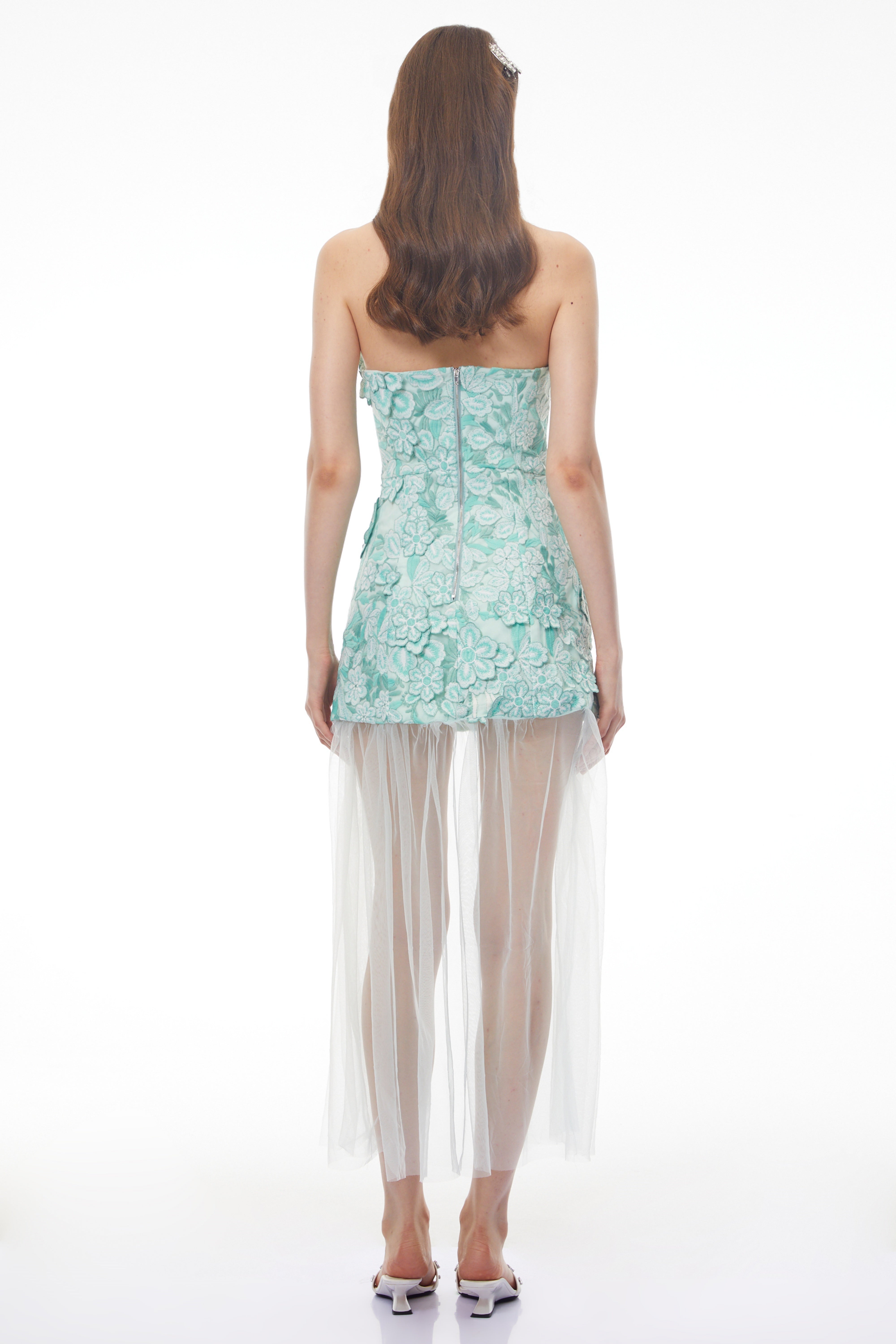 Mint green strapless maxi dress featuring a 3D floral applique bodice and a sheer tulle floor-length skirt