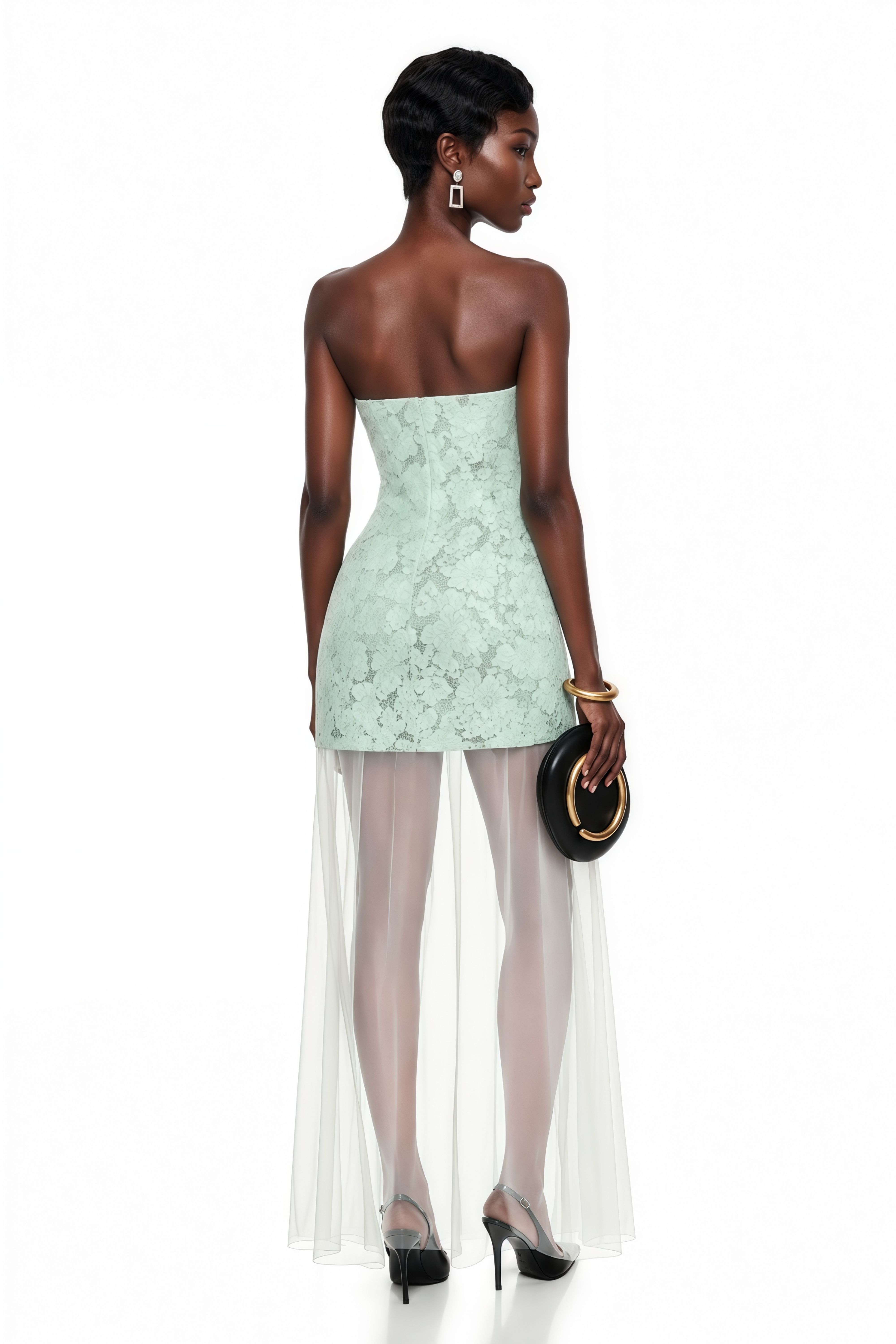 Mint green strapless maxi dress featuring a 3D floral applique bodice and a sheer tulle floor-length skirt