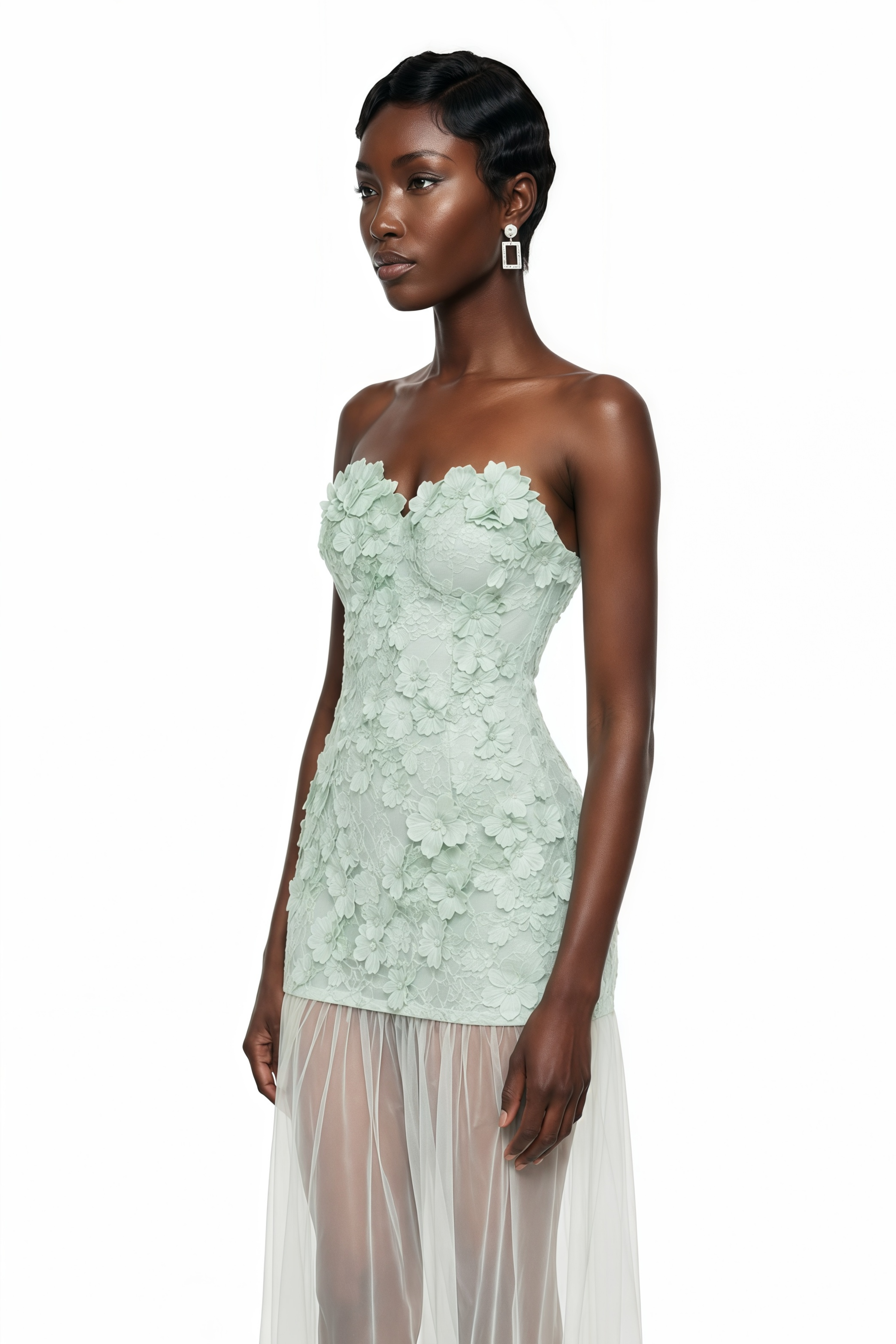 Mint green strapless maxi dress featuring a 3D floral applique bodice and a sheer tulle floor-length skirt