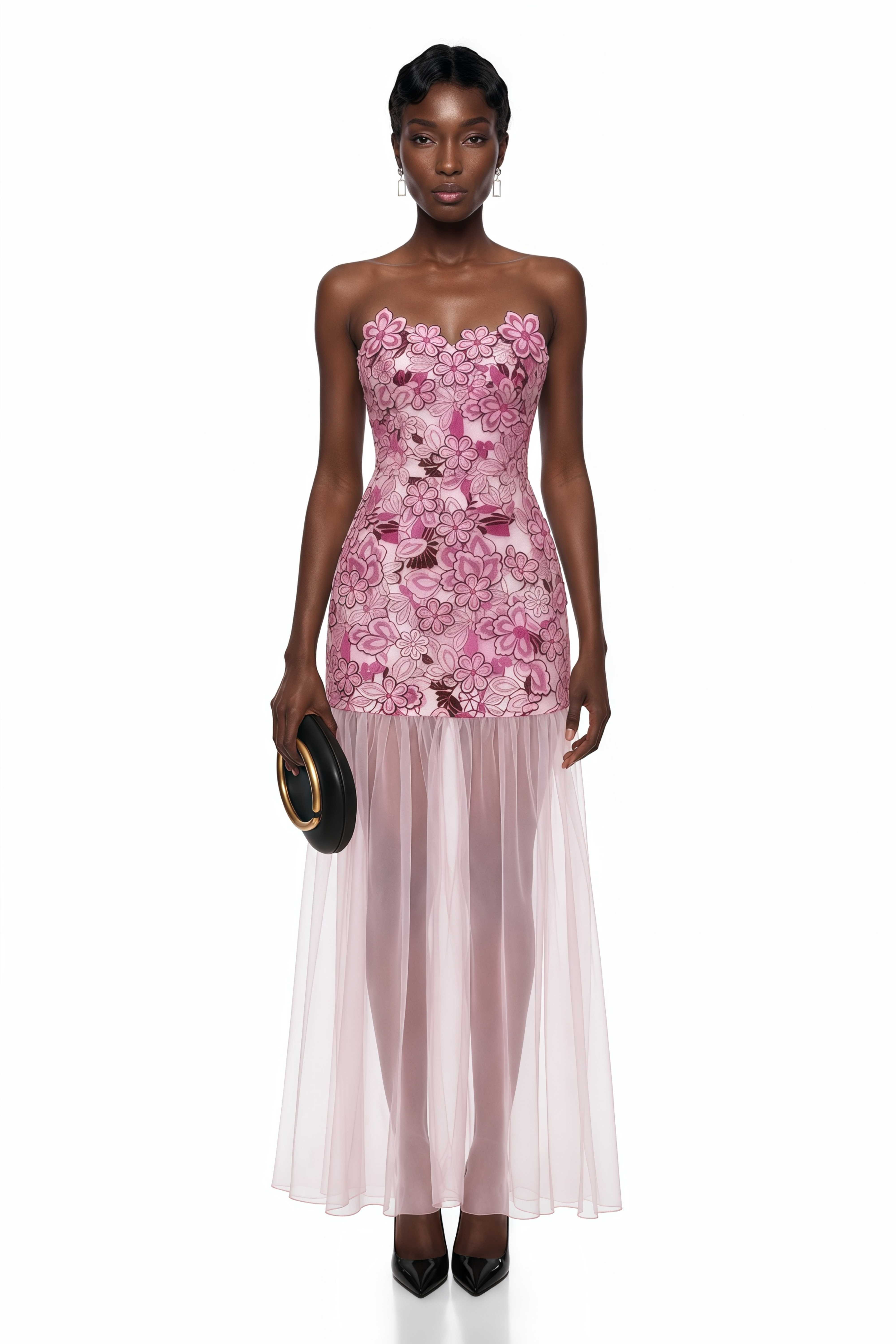 Pink floral embroidered strapless mini dress with a sheer tulle maxi overlay and scalloped neckline