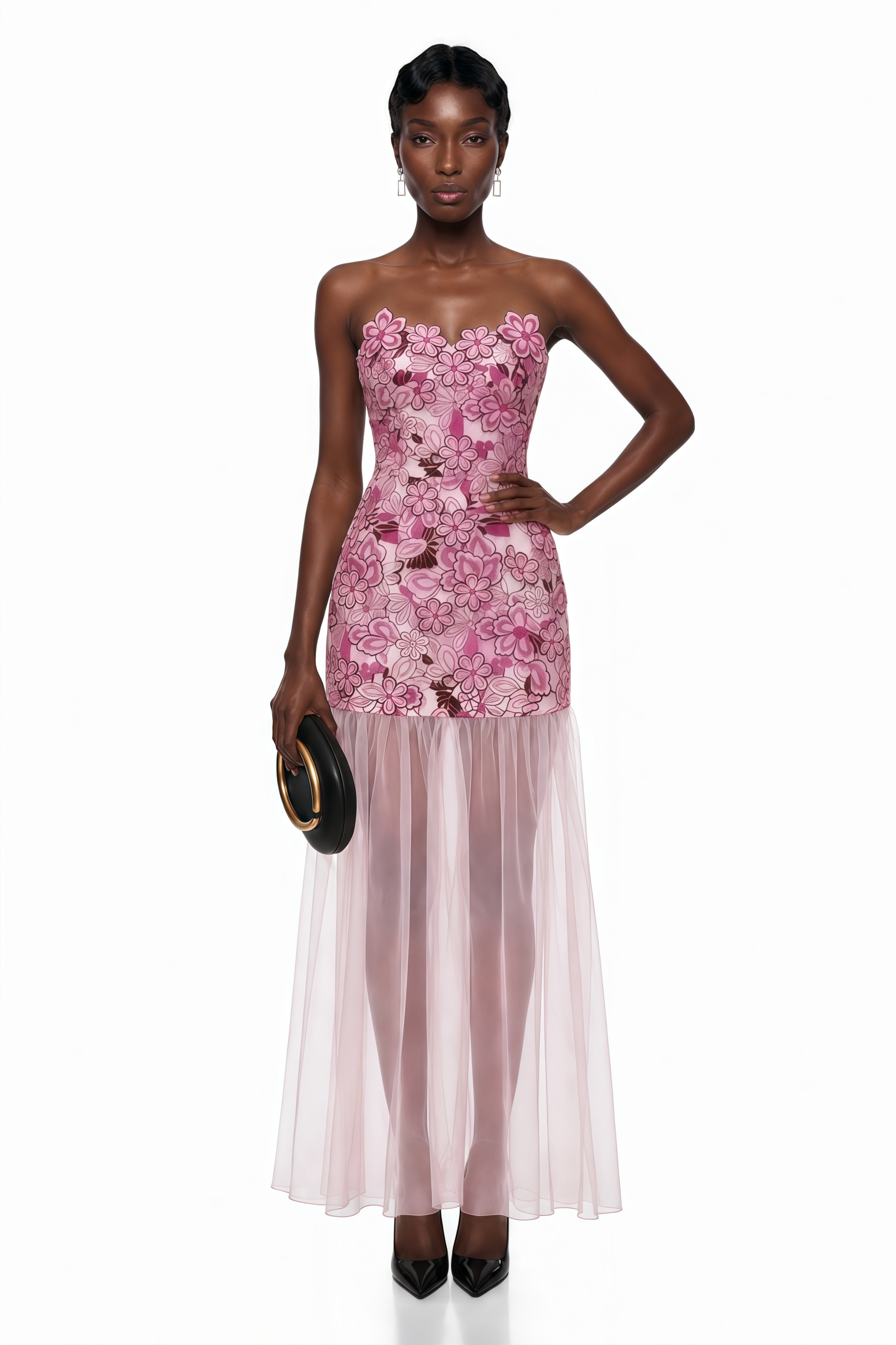 Pink floral embroidered strapless mini dress with a sheer tulle maxi overlay and scalloped neckline