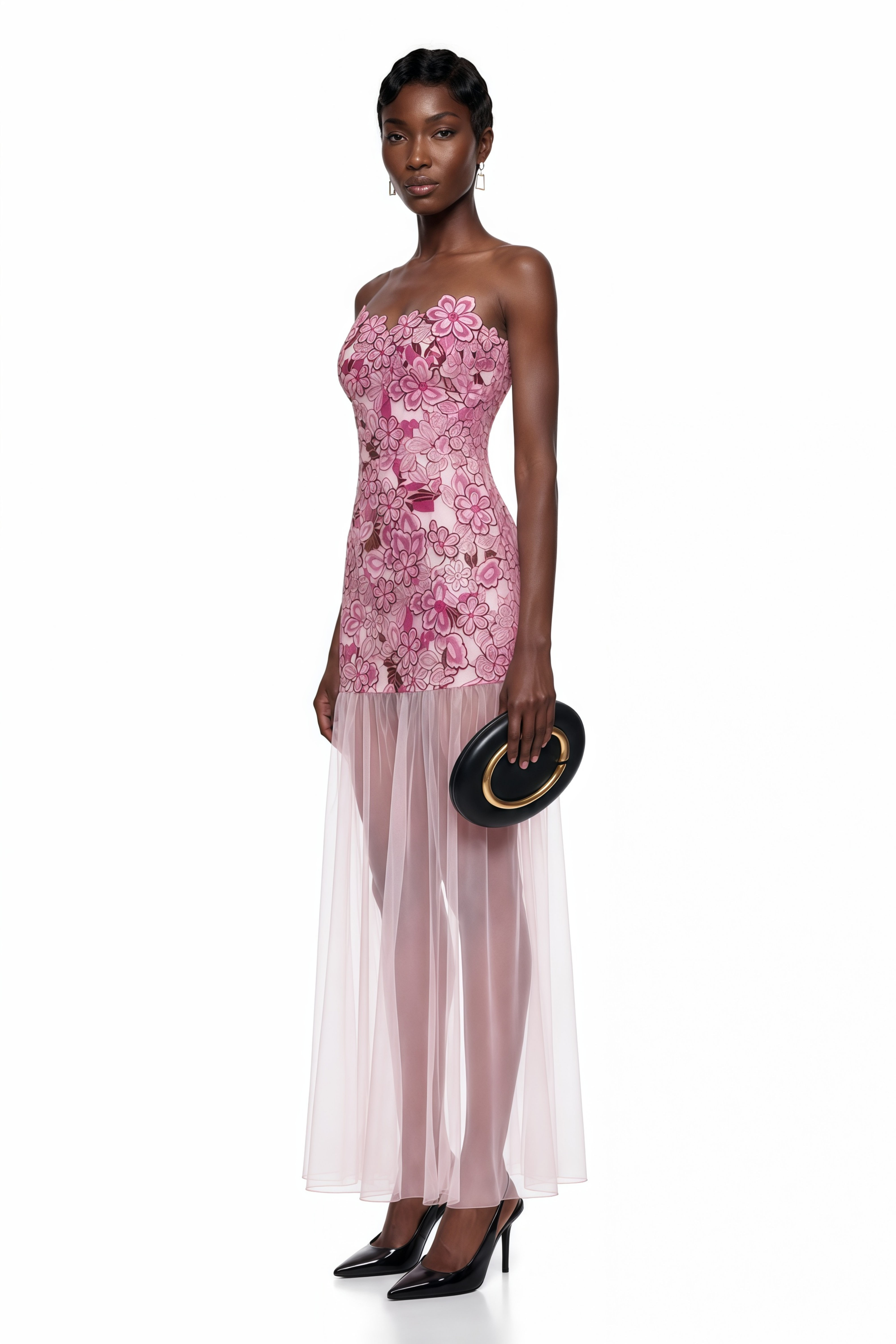 Pink floral embroidered strapless mini dress with a sheer tulle maxi overlay and scalloped neckline