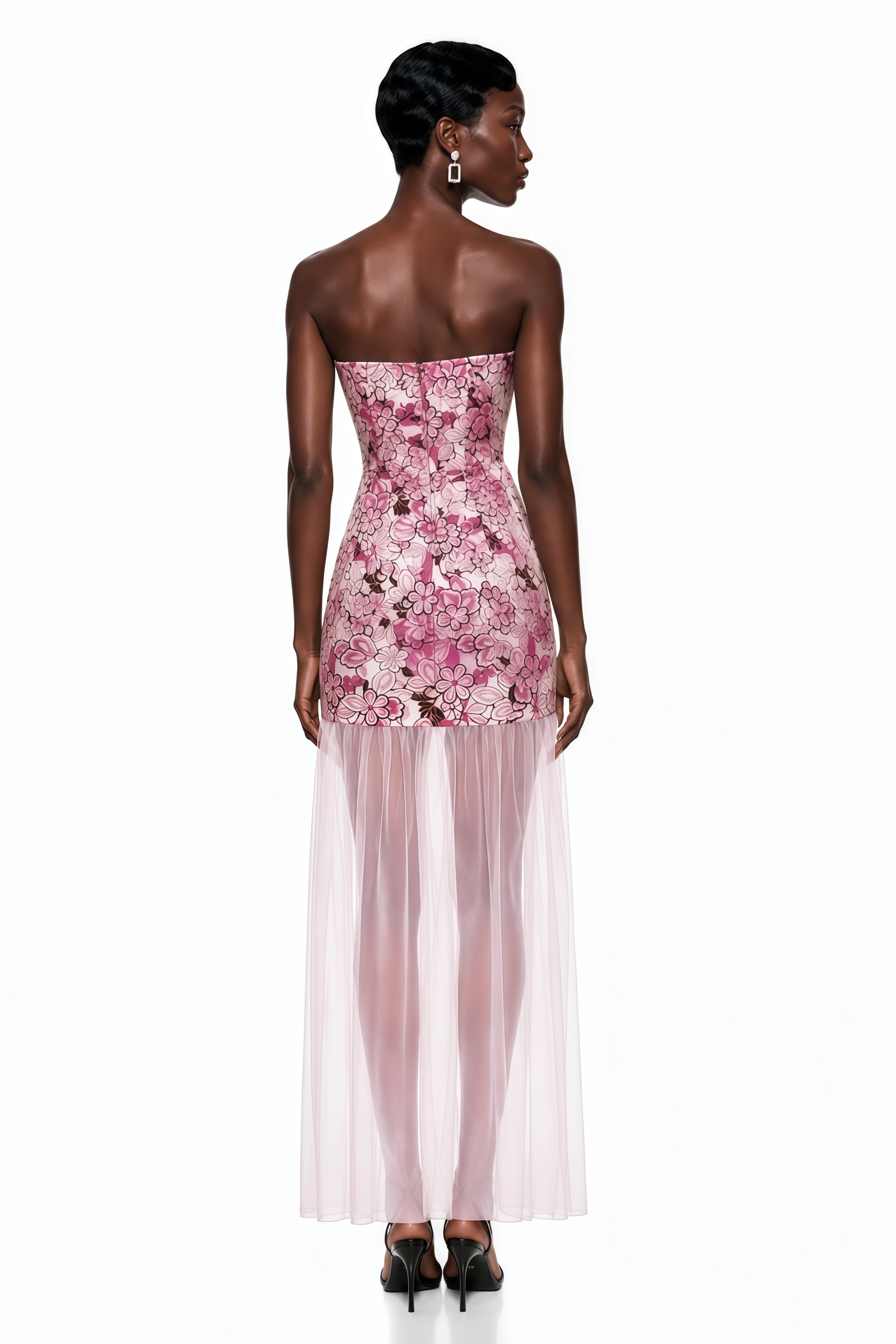 Pink floral embroidered strapless mini dress with a sheer tulle maxi overlay and scalloped neckline