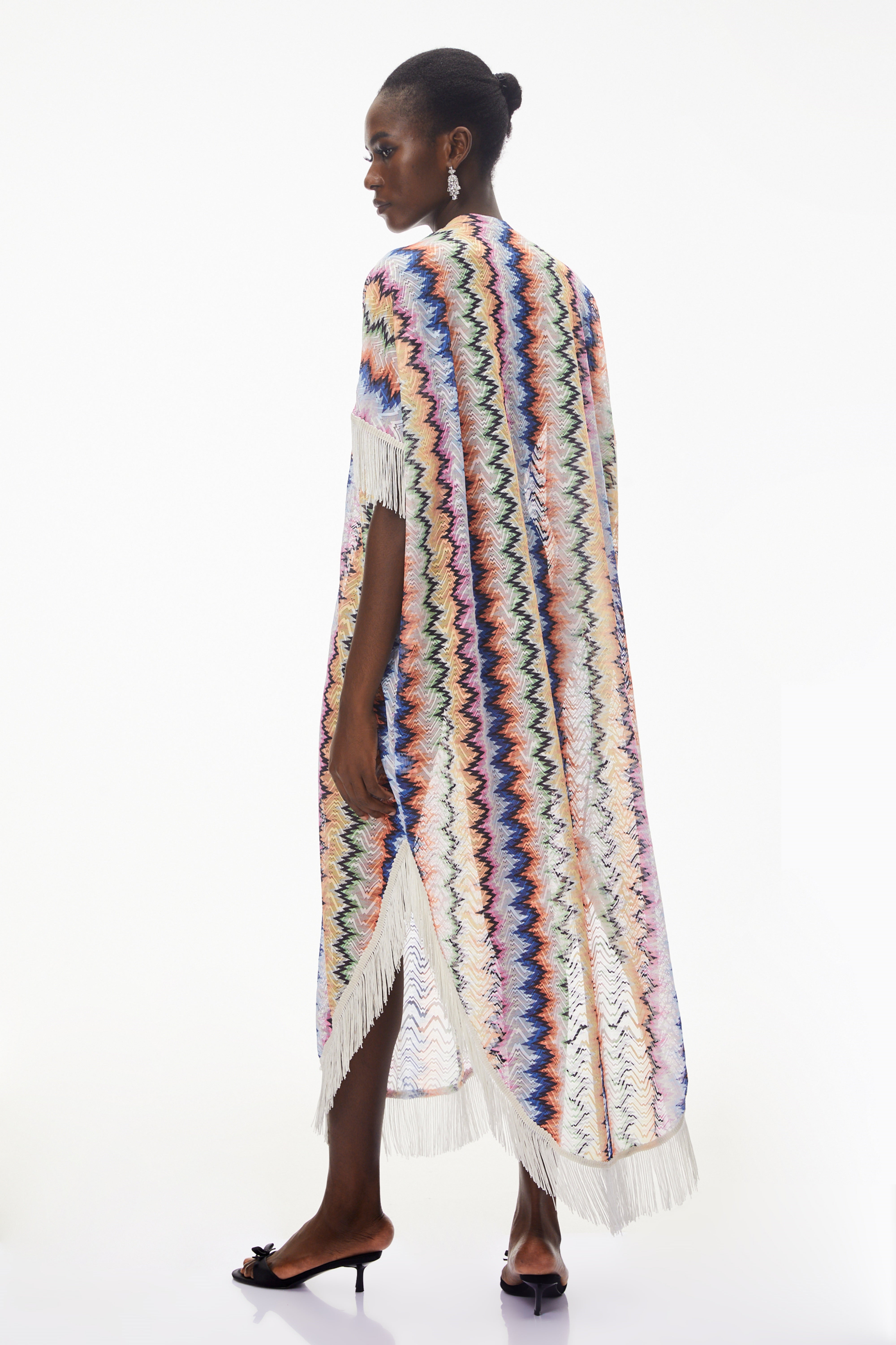 Multicolor zigzag knit caftan with fringe