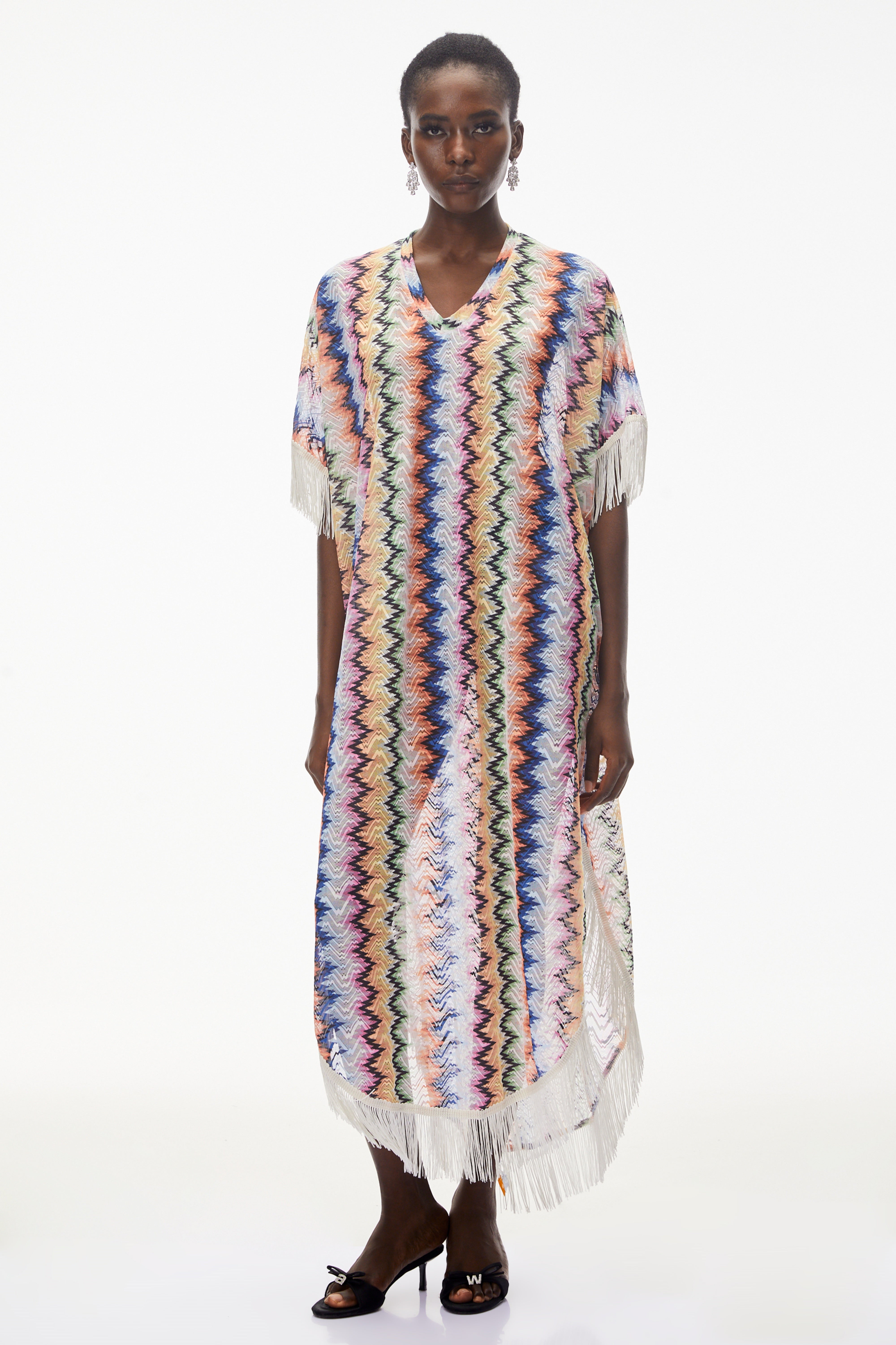 Multicolor zigzag knit caftan with fringe