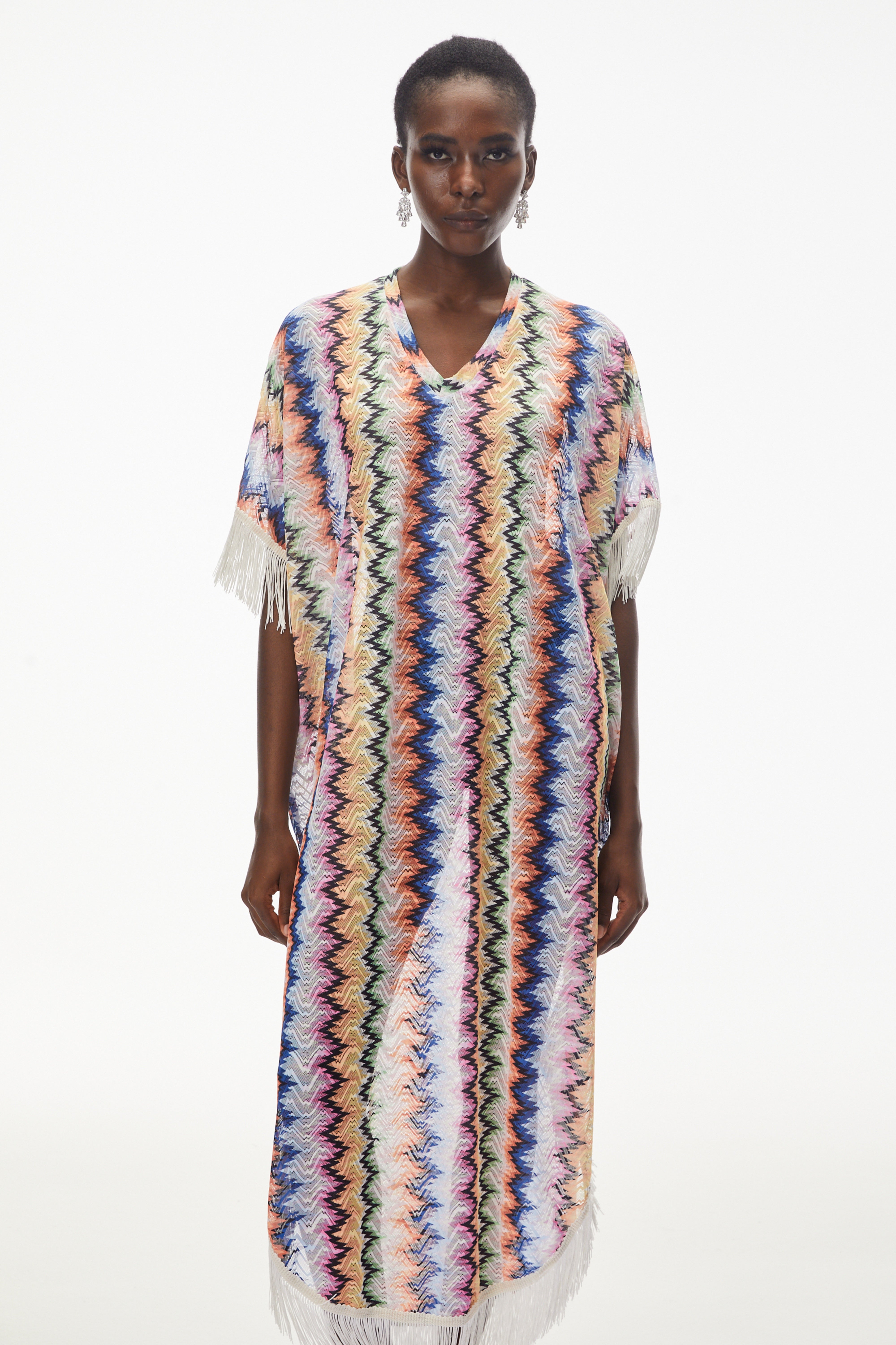 Multicolor zigzag knit caftan with fringe
