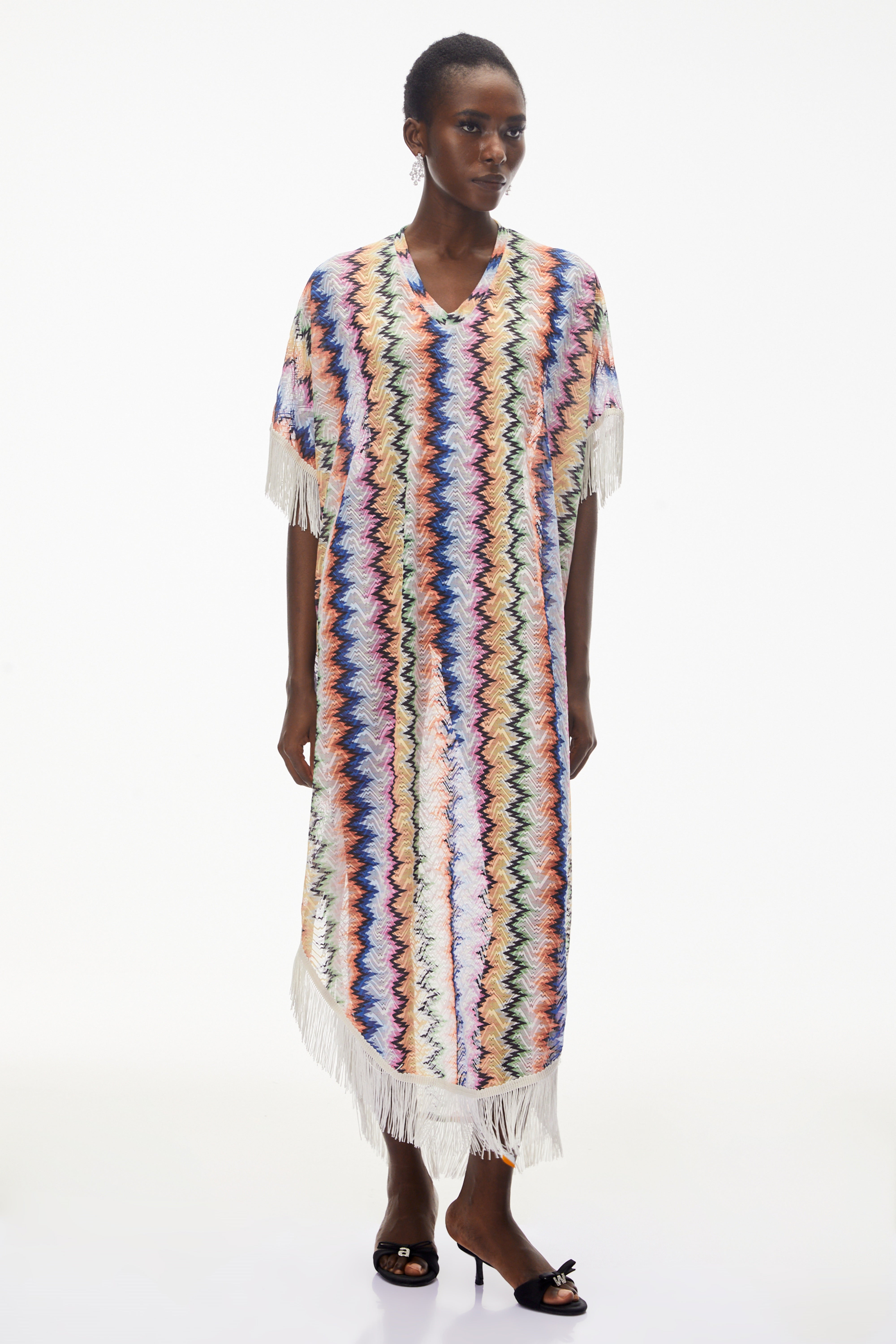 Multicolor zigzag knit caftan with fringe