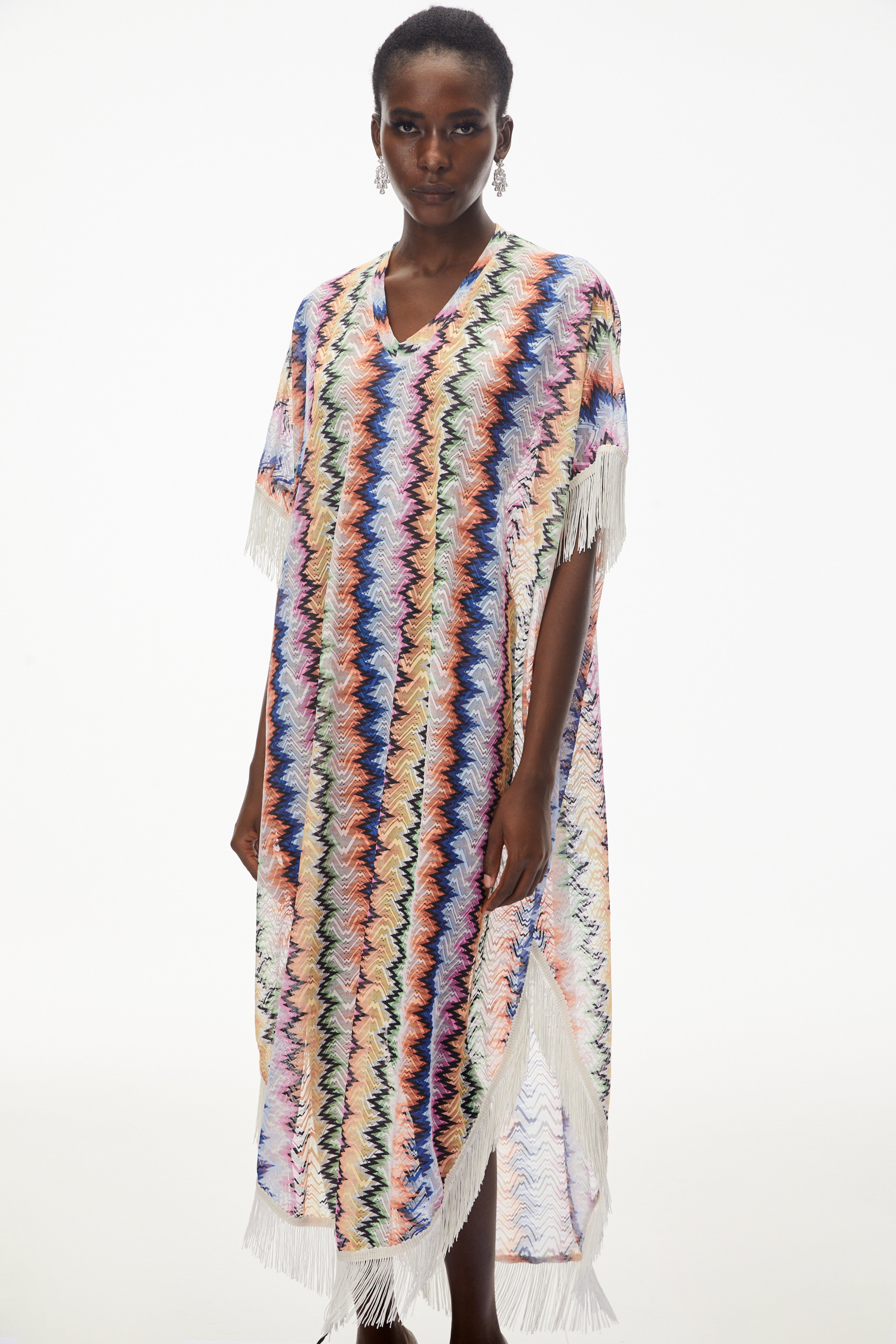 Multicolor zigzag knit caftan with fringe