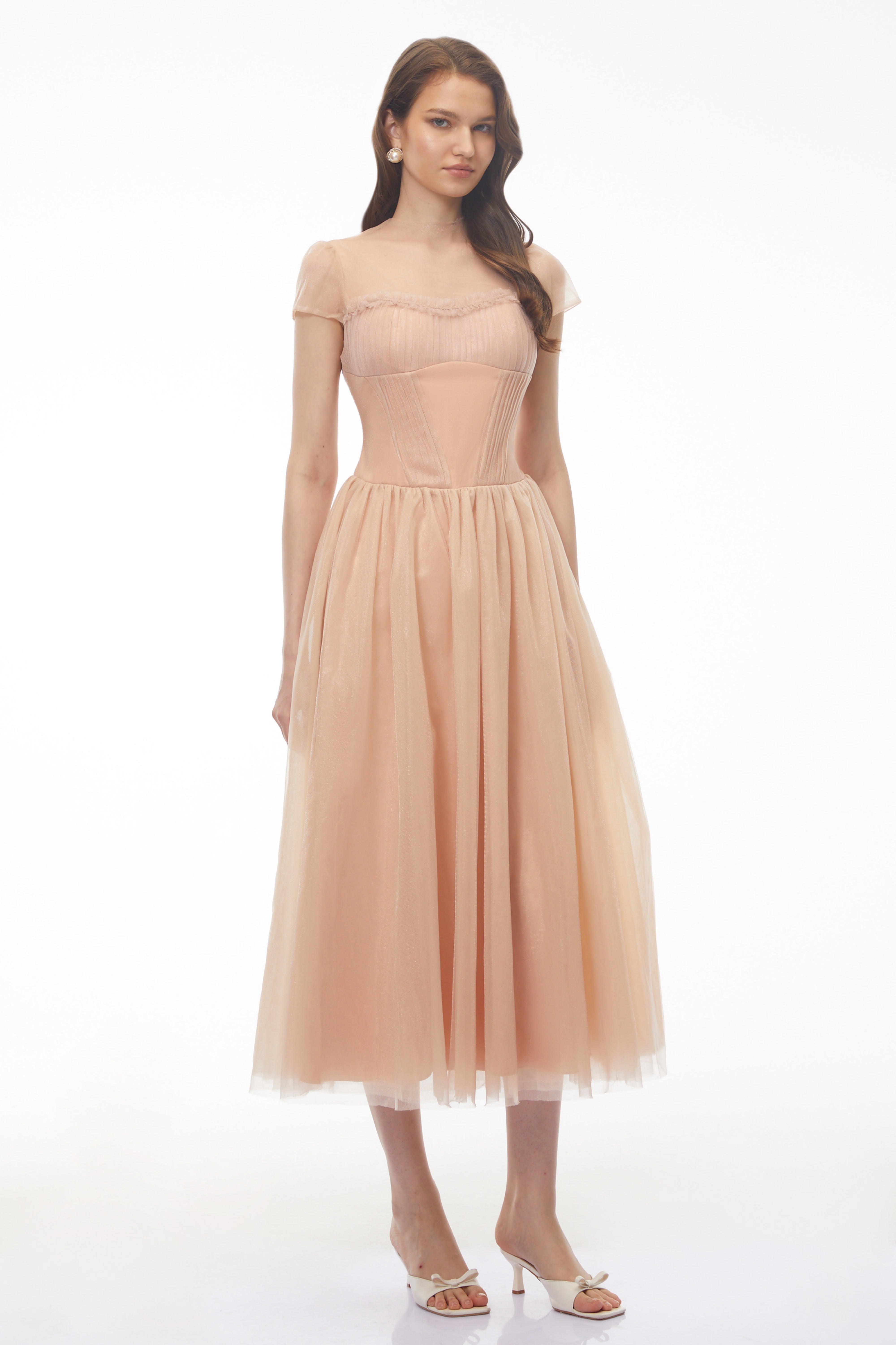 Blush Pink Tulle Midi Dress with Corset Bodice and Sheer Cap Sleeves