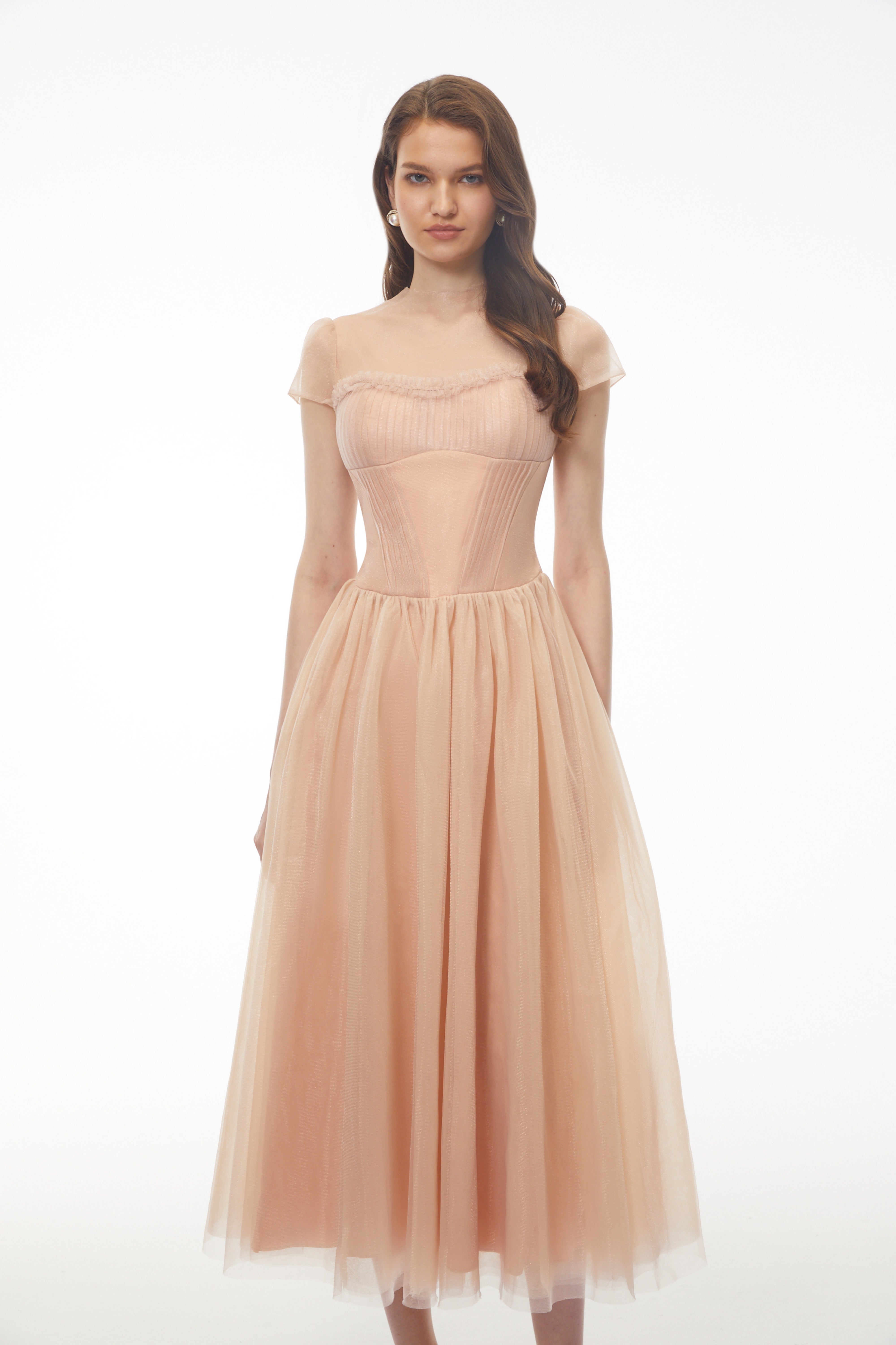 Blush Pink Tulle Midi Dress with Corset Bodice and Sheer Cap Sleeves