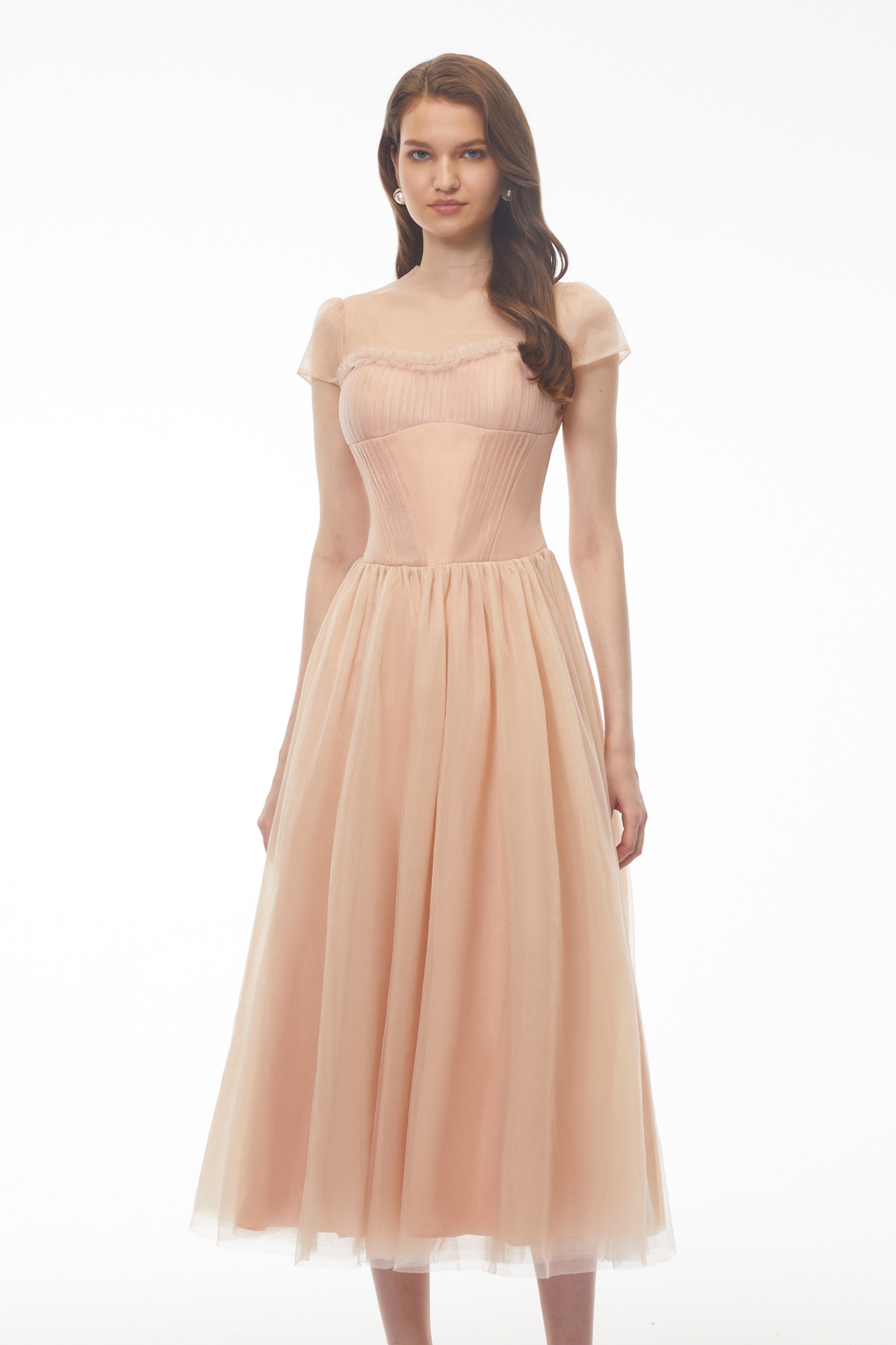Blush Pink Tulle Midi Dress with Corset Bodice and Sheer Cap Sleeves