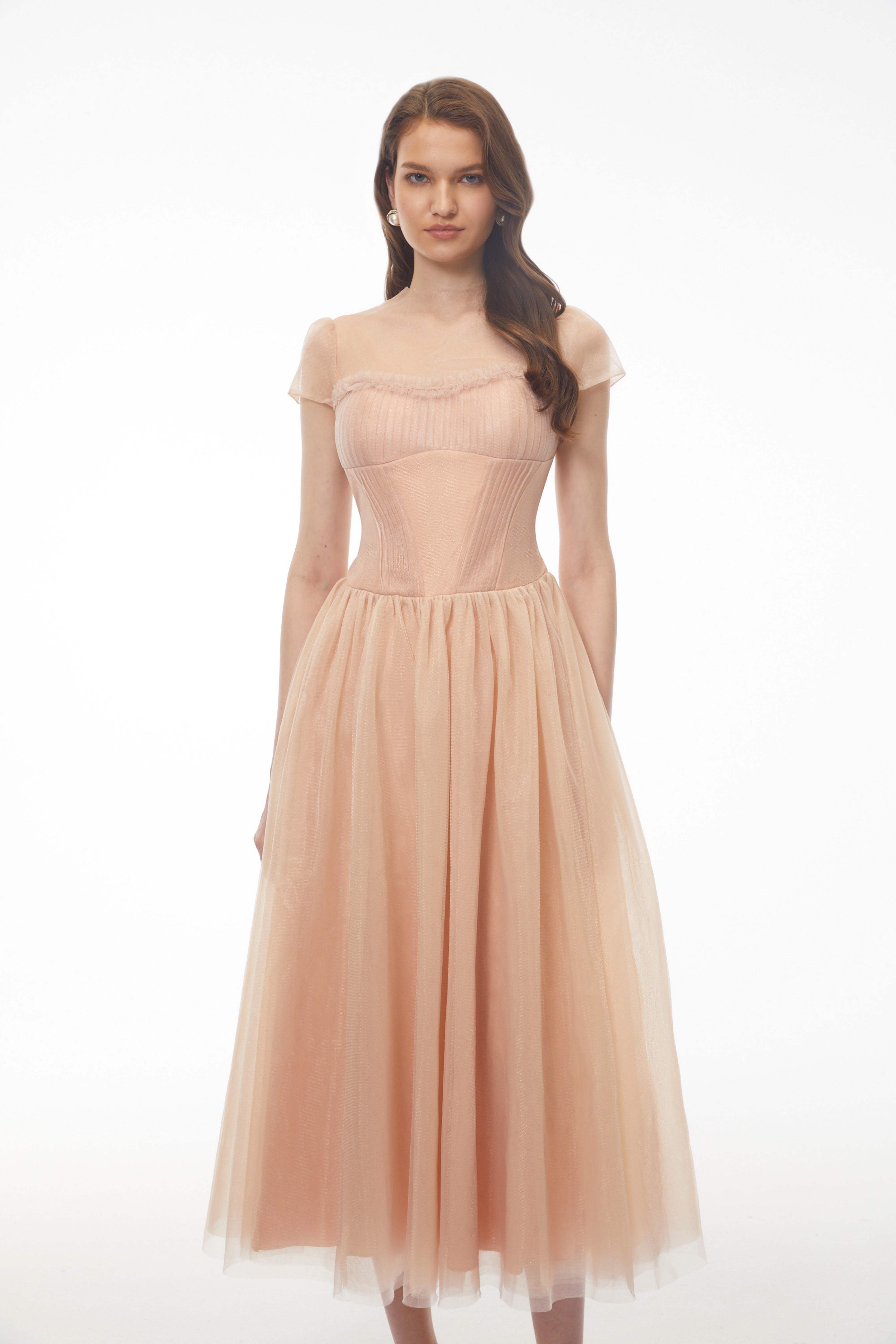 Blush Pink Tulle Midi Dress with Corset Bodice and Sheer Cap Sleeves