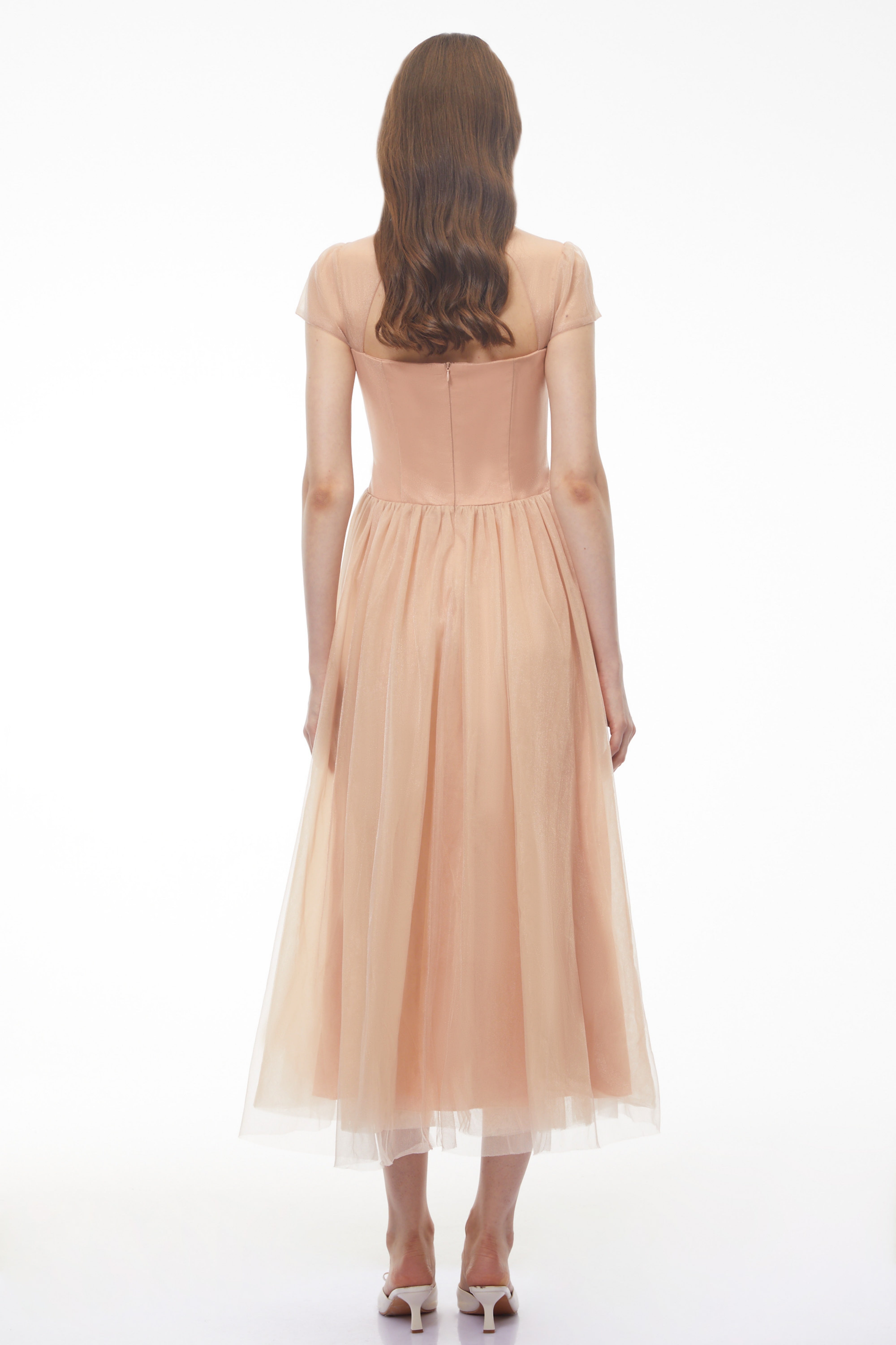 Blush Pink Tulle Midi Dress with Corset Bodice and Sheer Cap Sleeves
