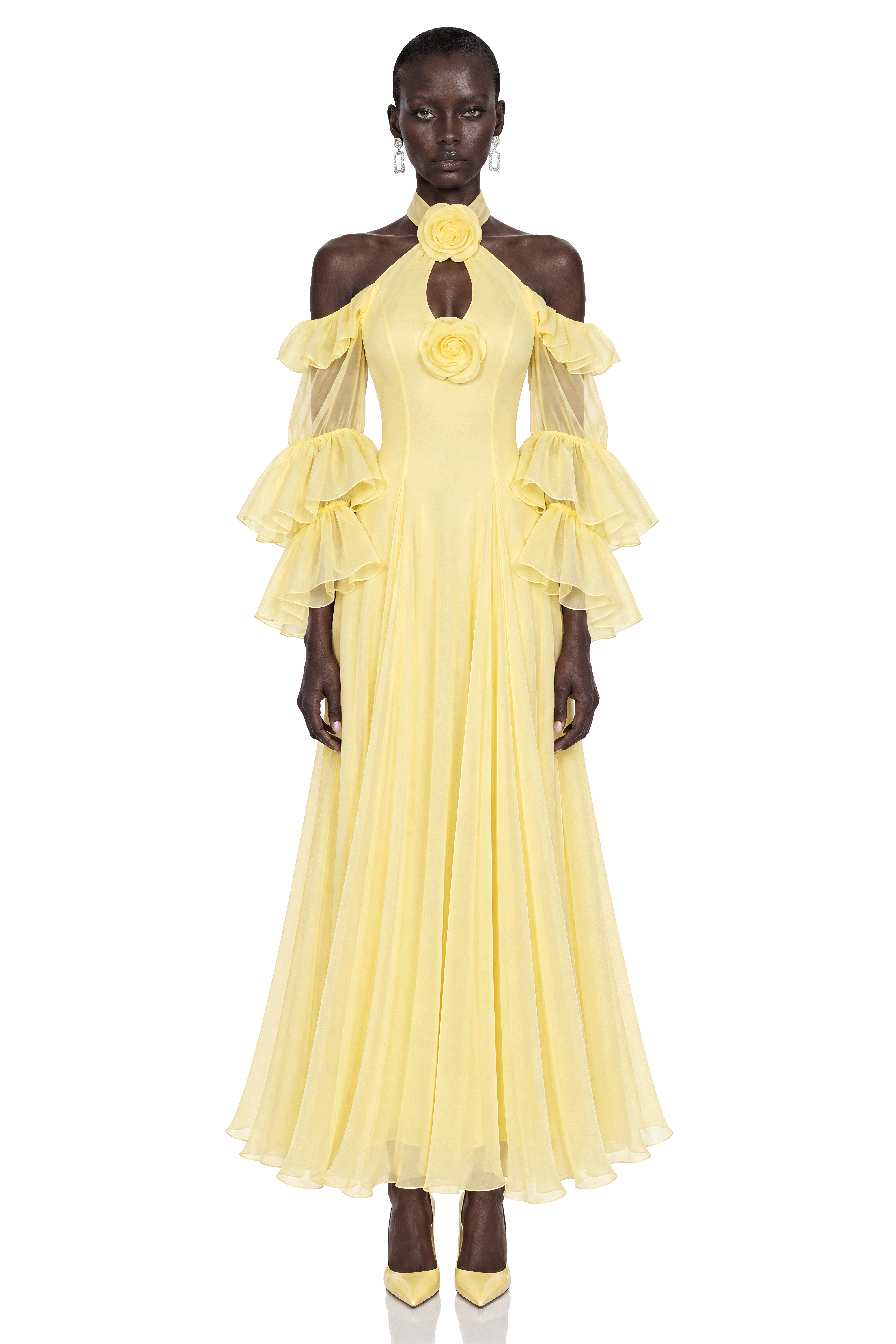 Mina Yellow Off Shoulder Floral Ruffle Maxi Dress