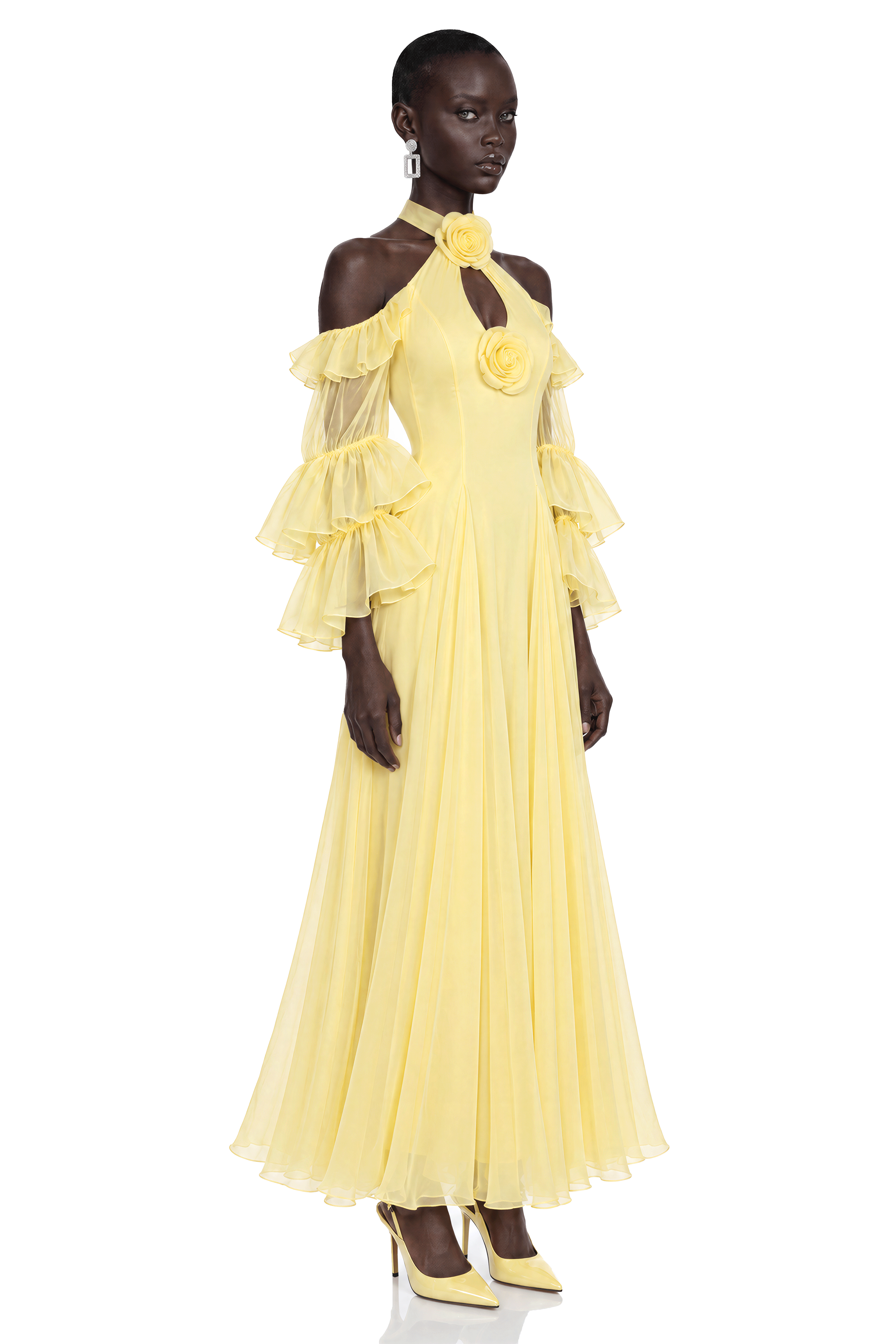 Mina Yellow Off Shoulder Floral Ruffle Maxi Dress