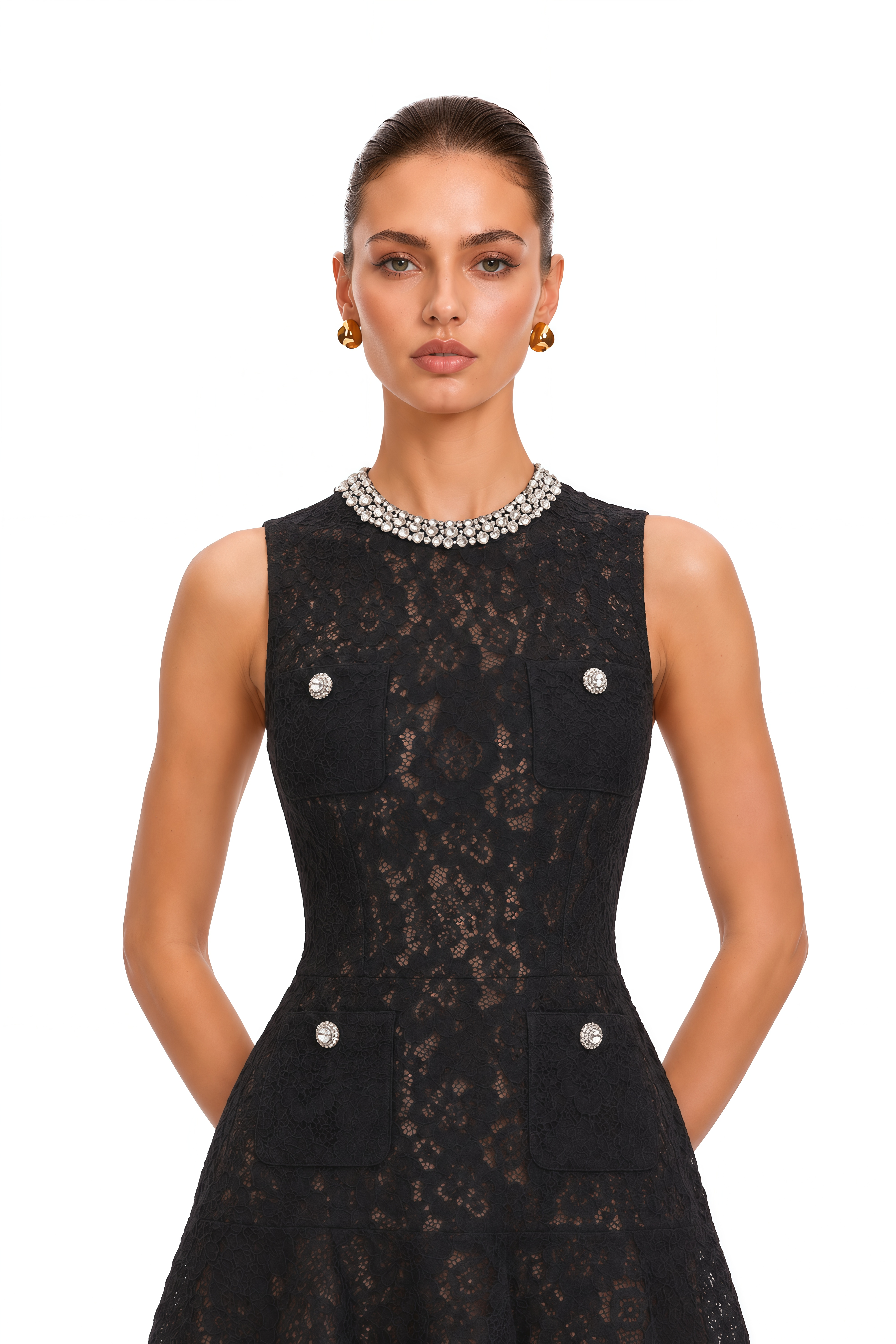 Mirabella Black Round Neck Floral Lace Mini Dress