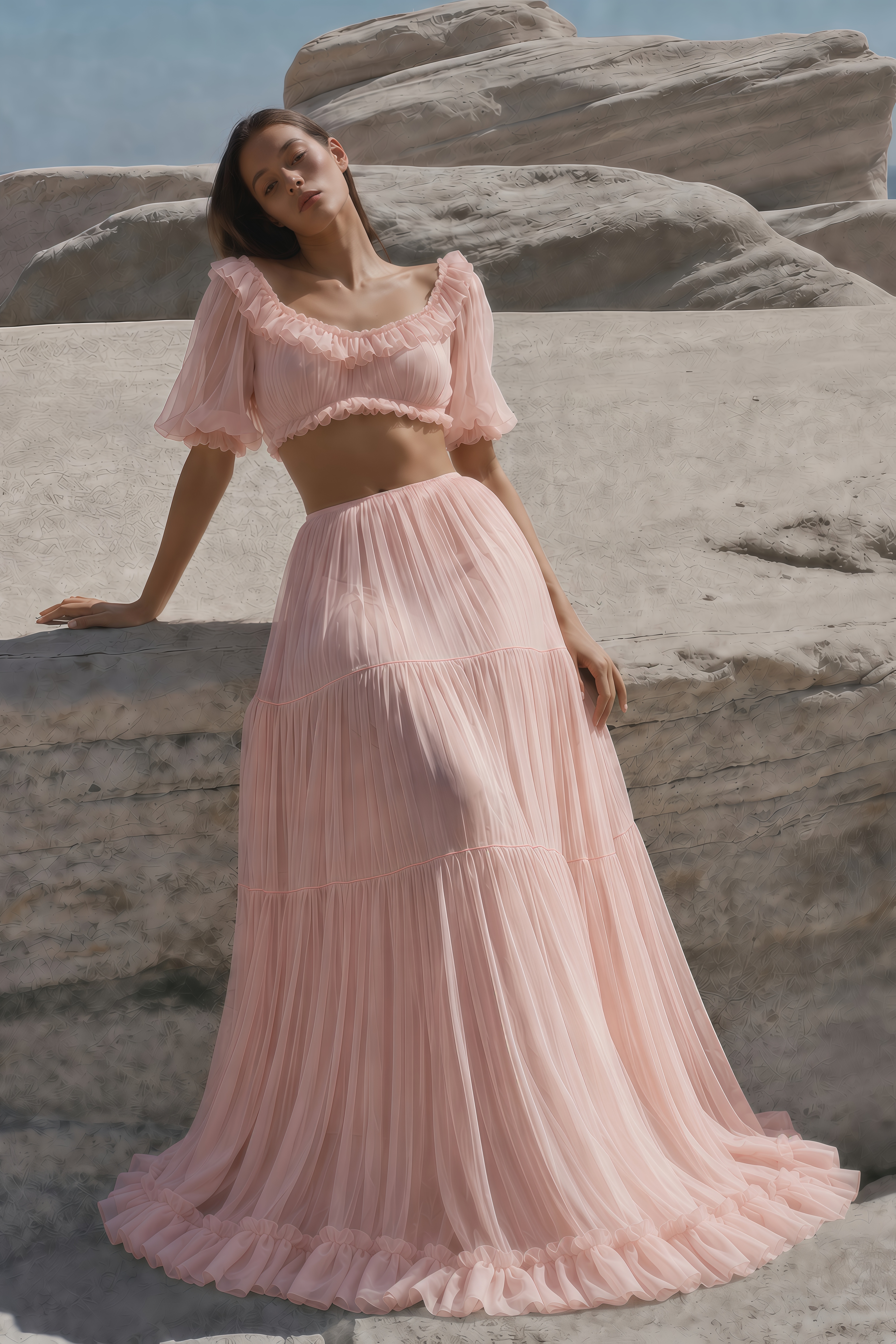 Miranda Pink Puff Sleeves Crop Top & Ruffled Skirt Set