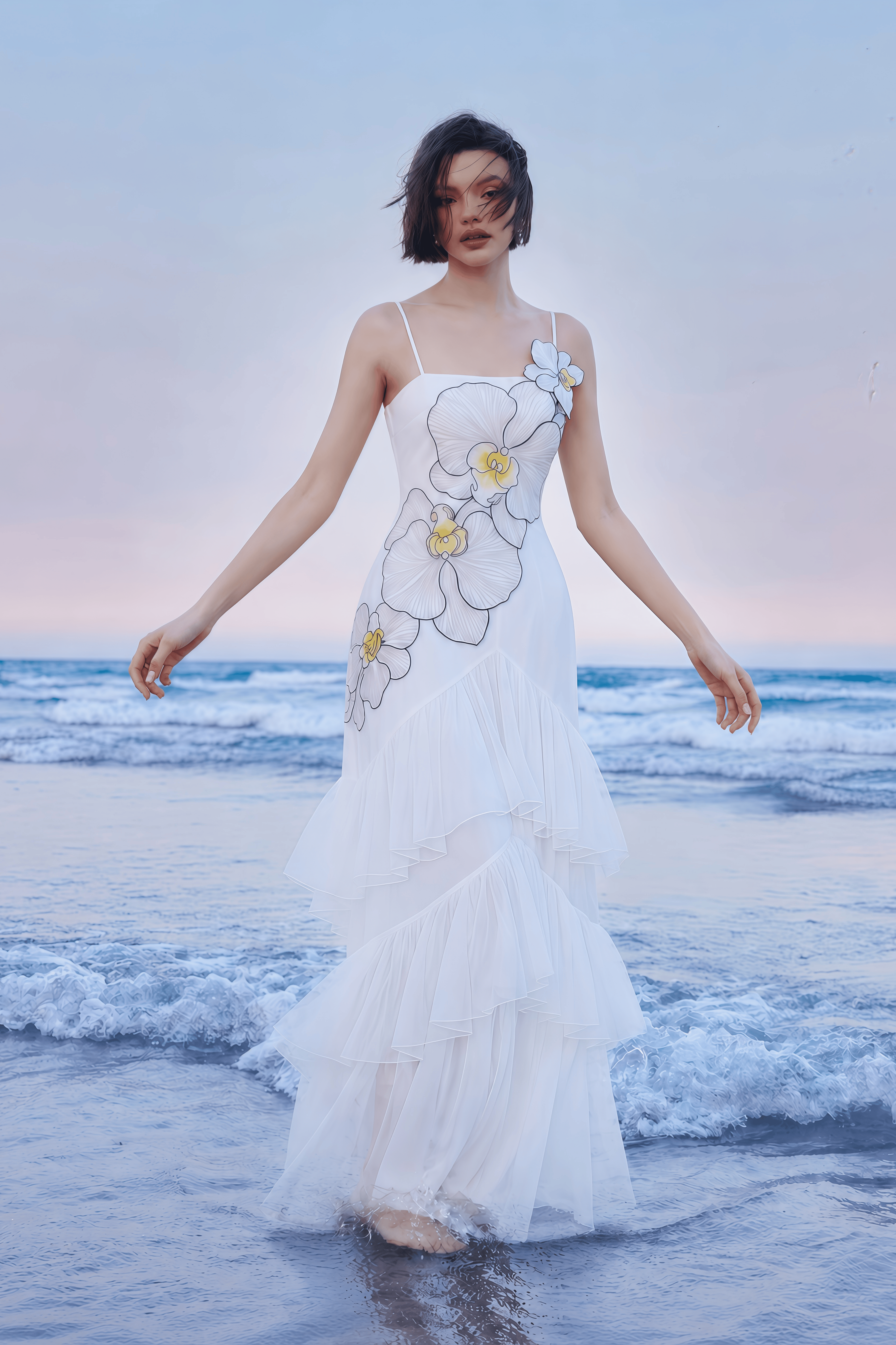Mireille White Floral Print Ruffled Maxi Dress