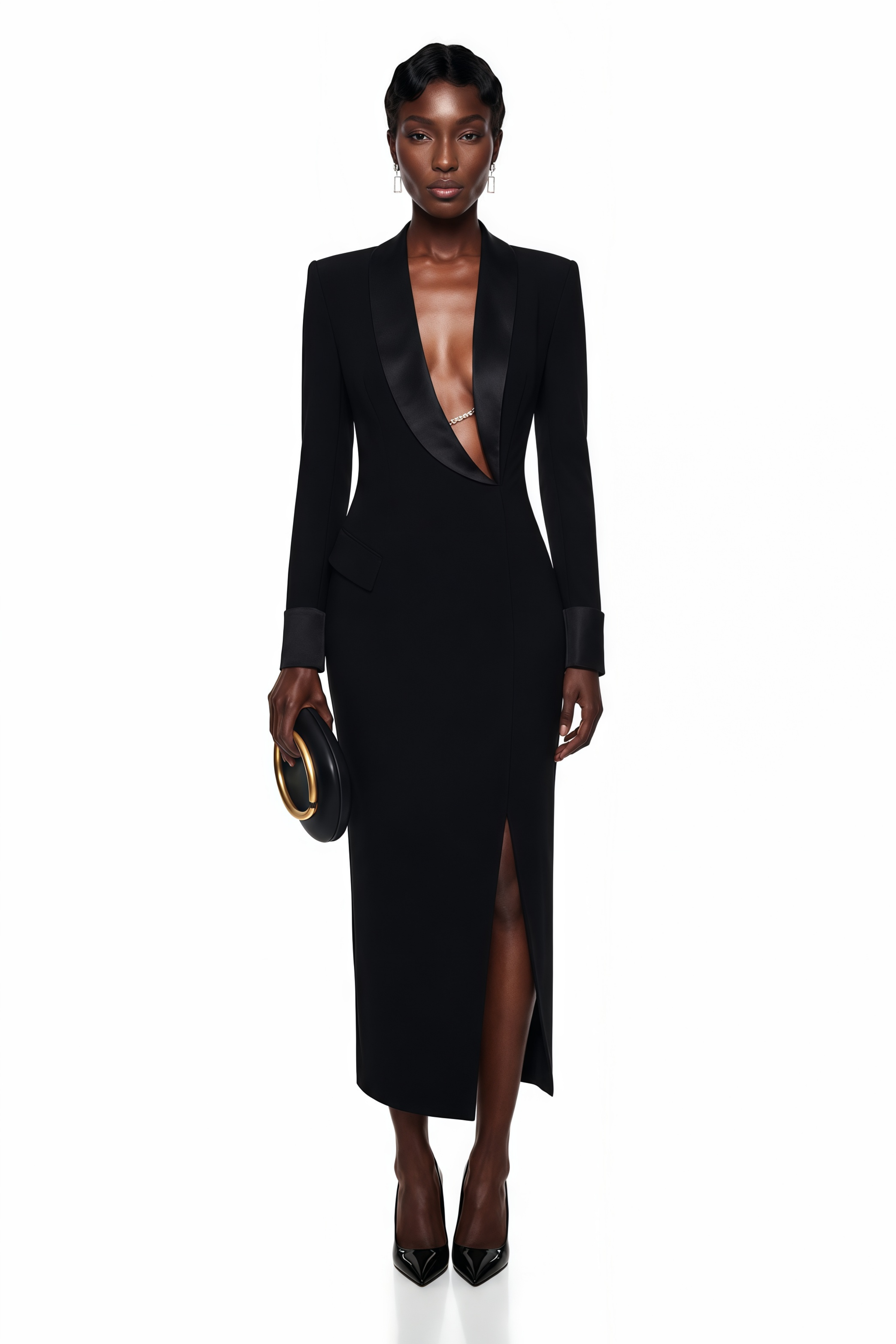 Black tailored tuxedo midi dress featuring satin shawl lapels, a plunging asymmetrical neckline, and a front slit