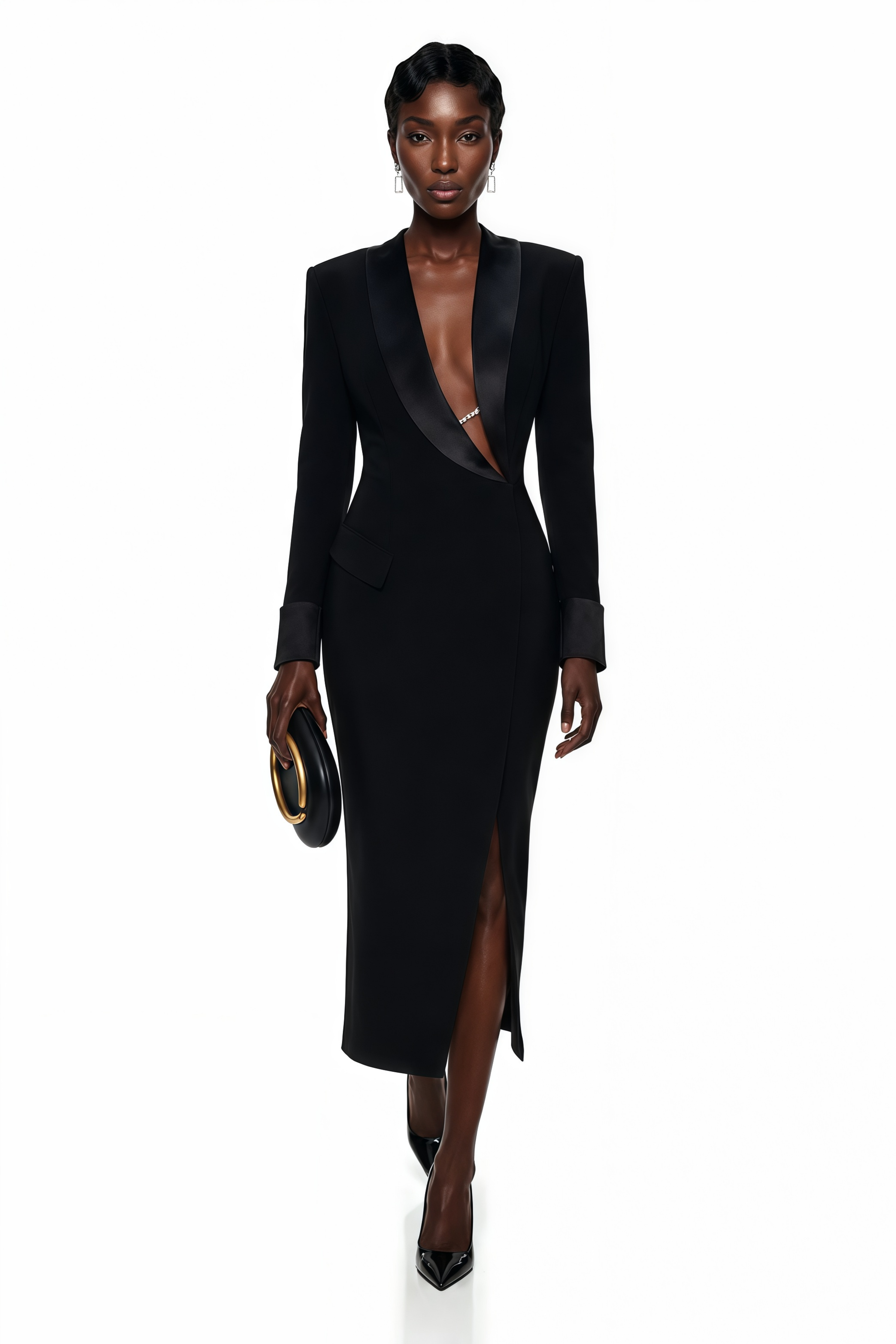Black tailored tuxedo midi dress featuring satin shawl lapels, a plunging asymmetrical neckline, and a front slit