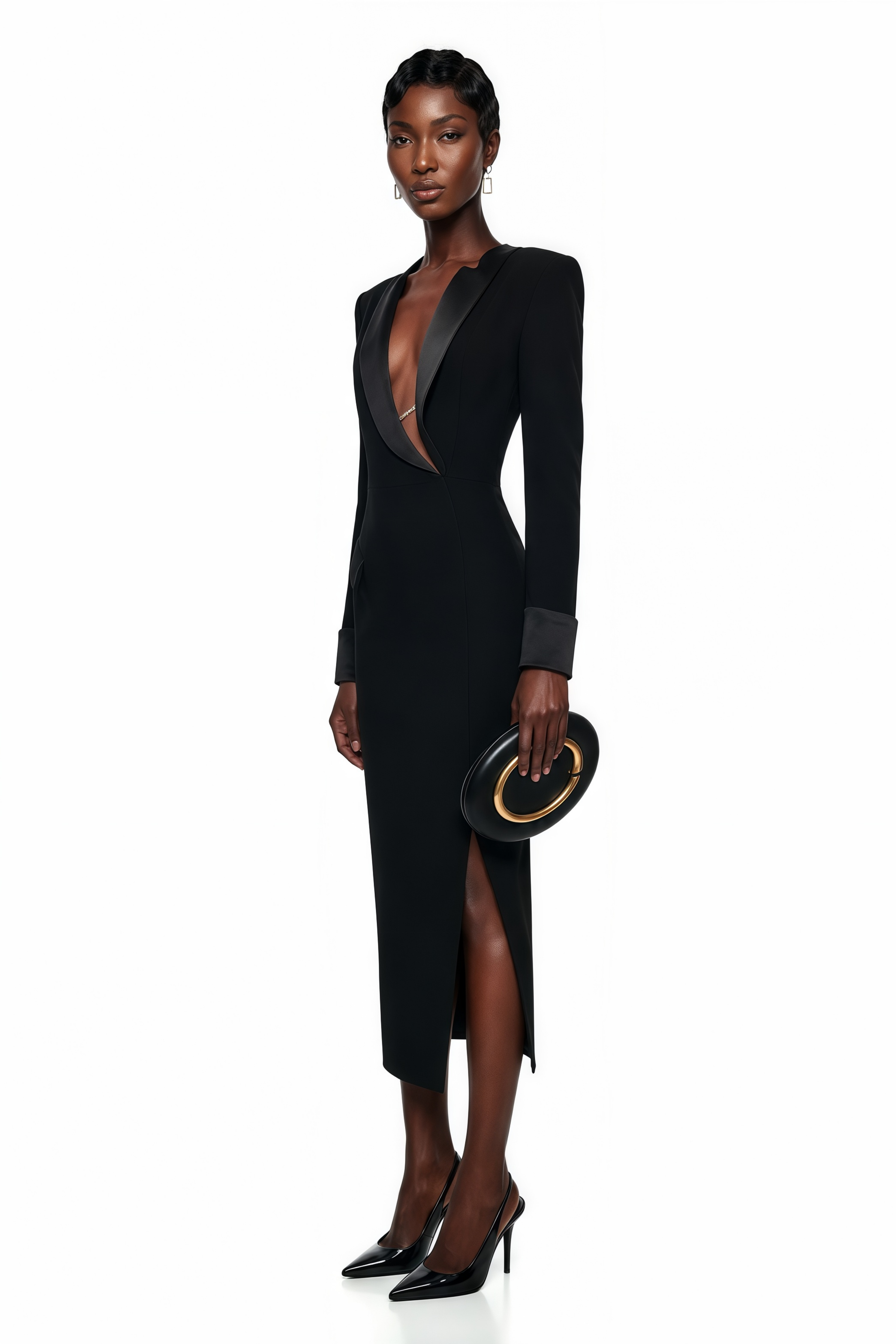 Black tailored tuxedo midi dress featuring satin shawl lapels, a plunging asymmetrical neckline, and a front slit