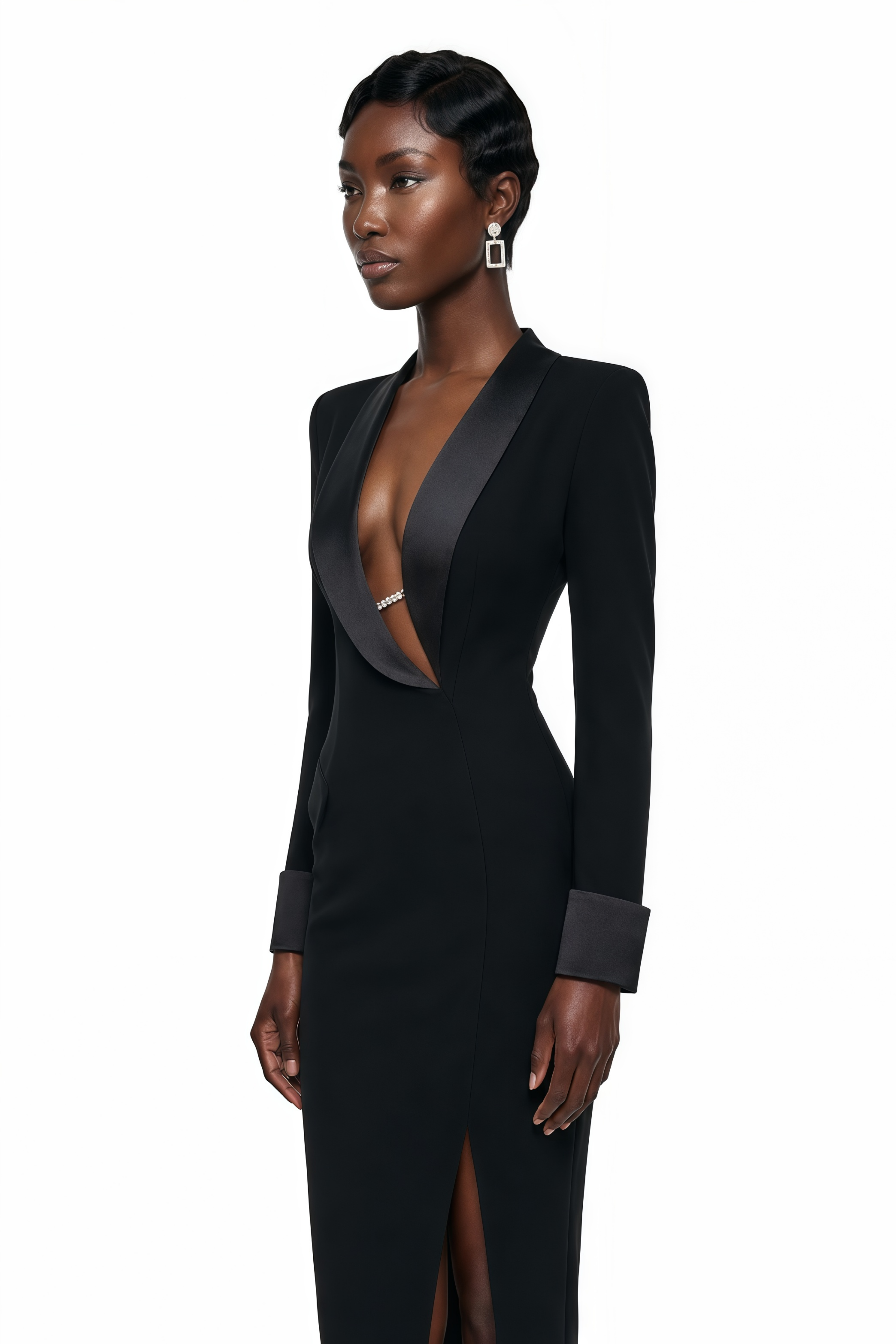 Black tailored tuxedo midi dress featuring satin shawl lapels, a plunging asymmetrical neckline, and a front slit