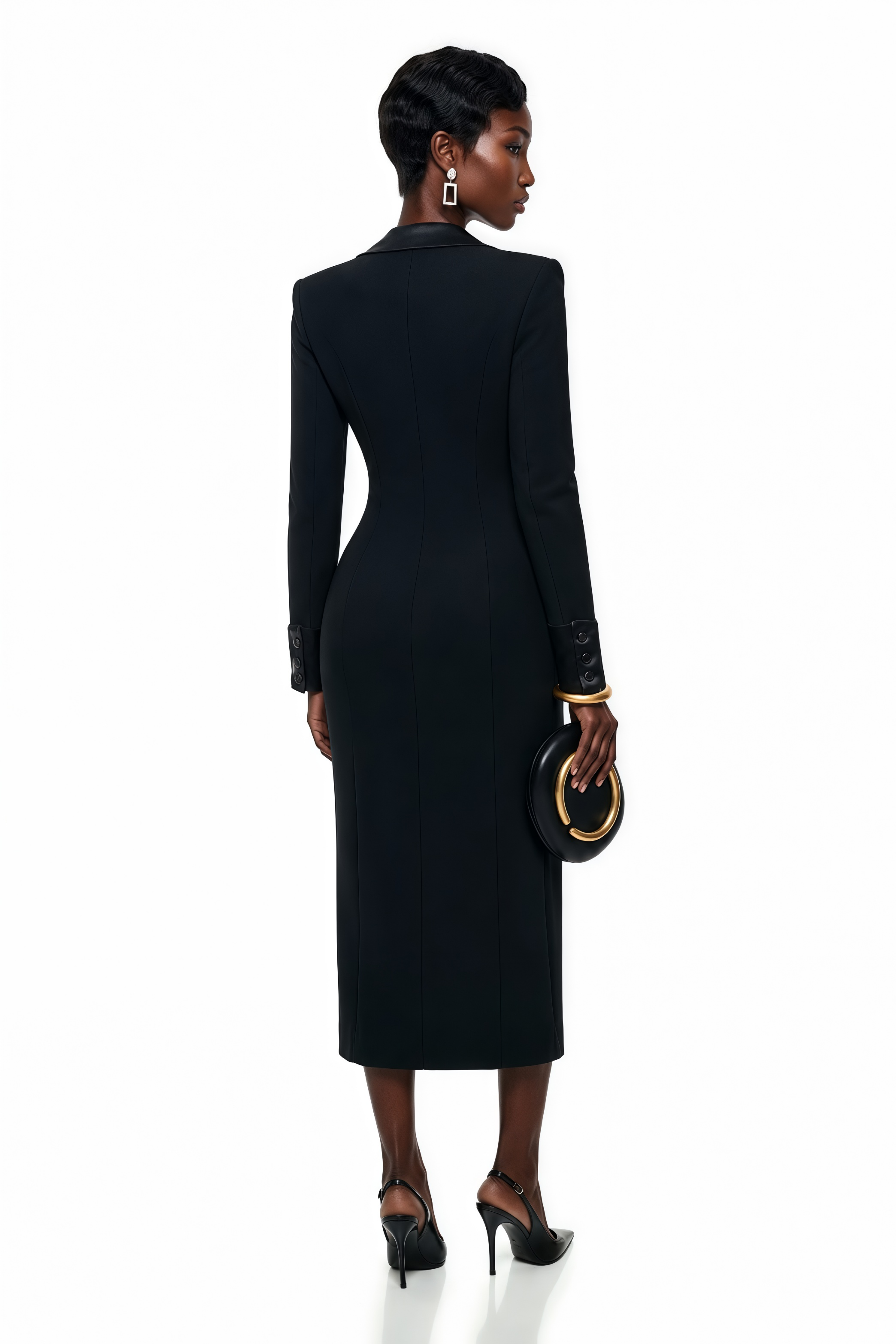 Black tailored tuxedo midi dress featuring satin shawl lapels, a plunging asymmetrical neckline, and a front slit