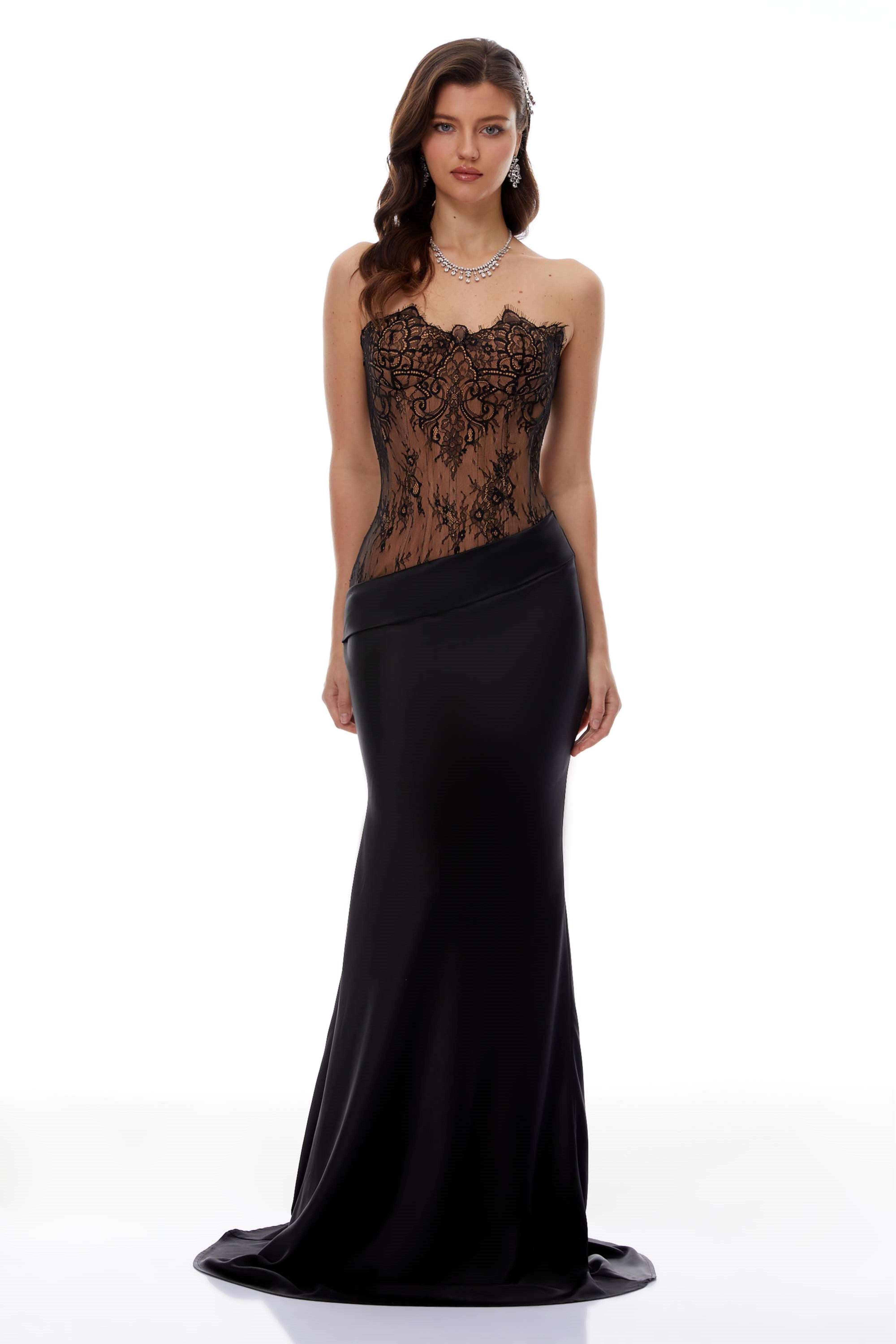 Black Lace Panel Satin Maxi Dress