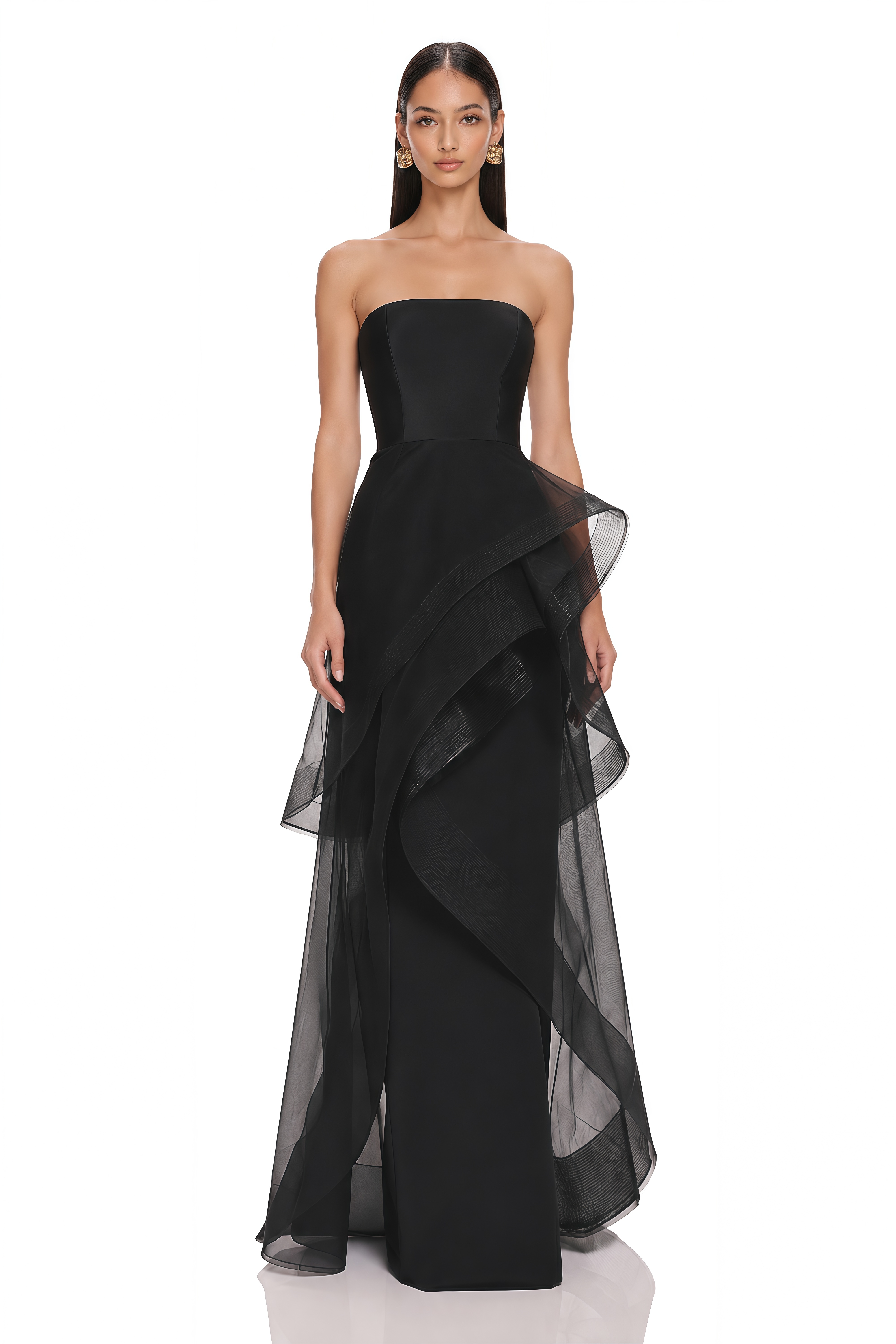 Mirena Black Strapless Organza Ruffle Maxi Dress