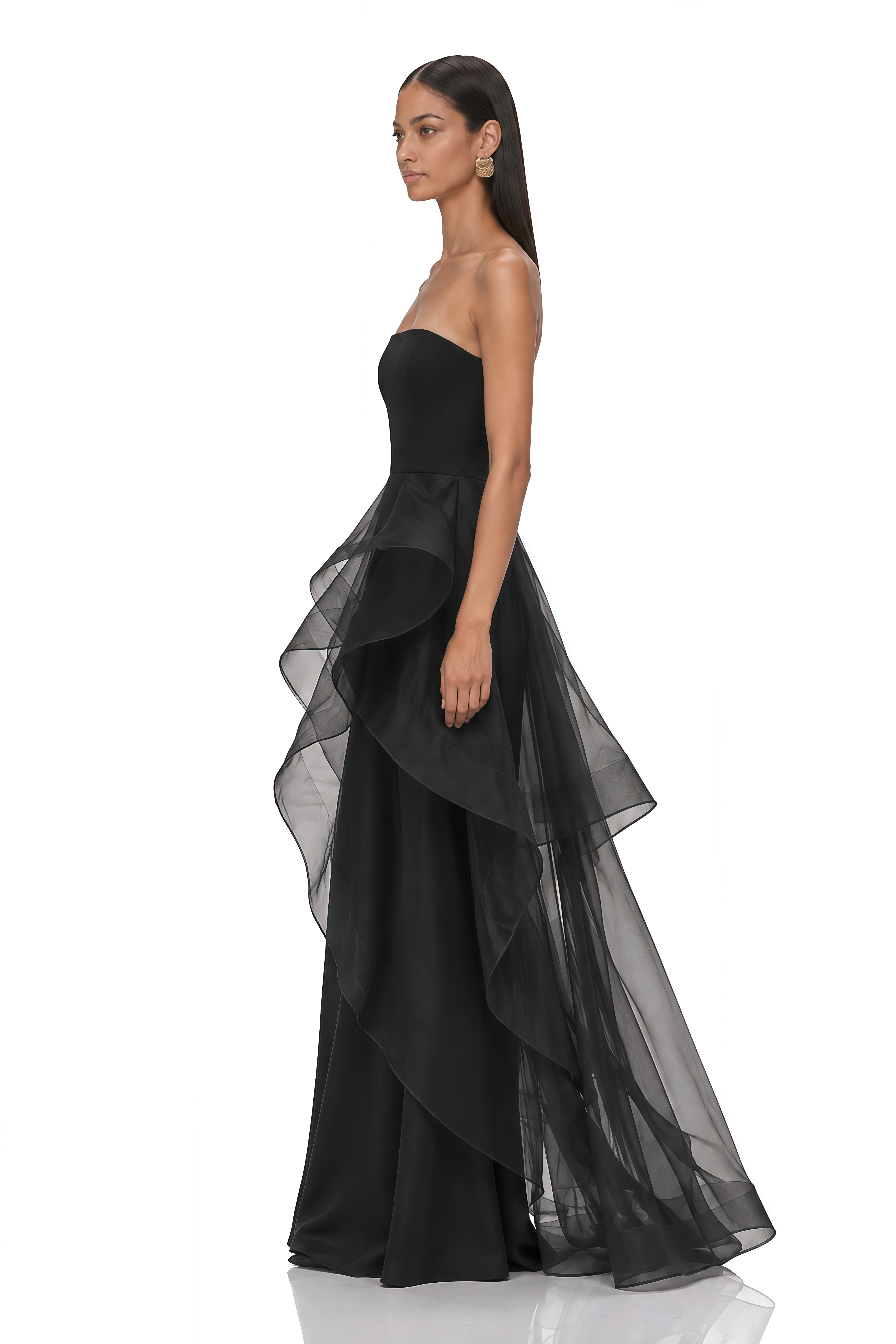 Mirena Black Strapless Organza Ruffle Maxi Dress