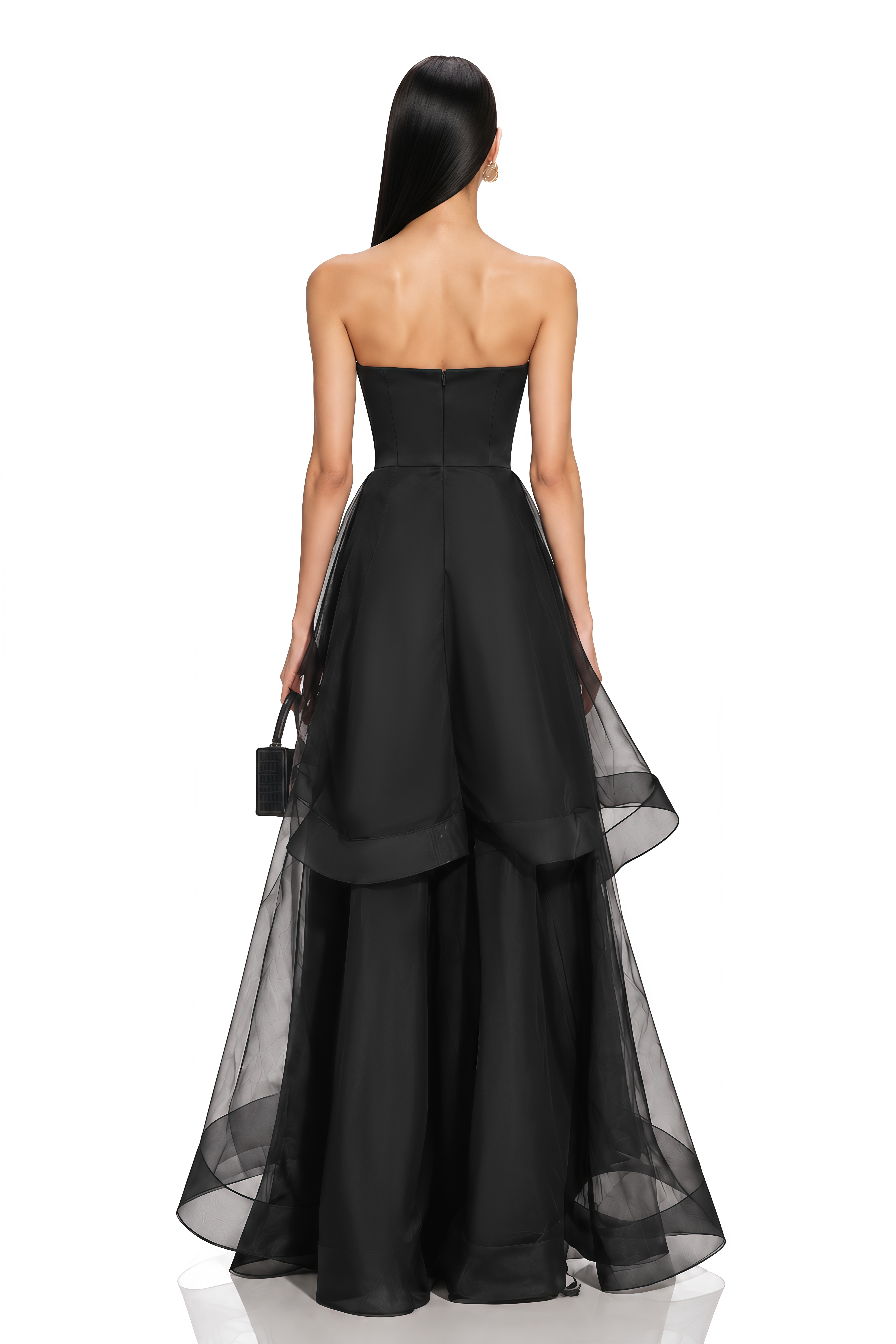 Mirena Black Strapless Organza Ruffle Maxi Dress