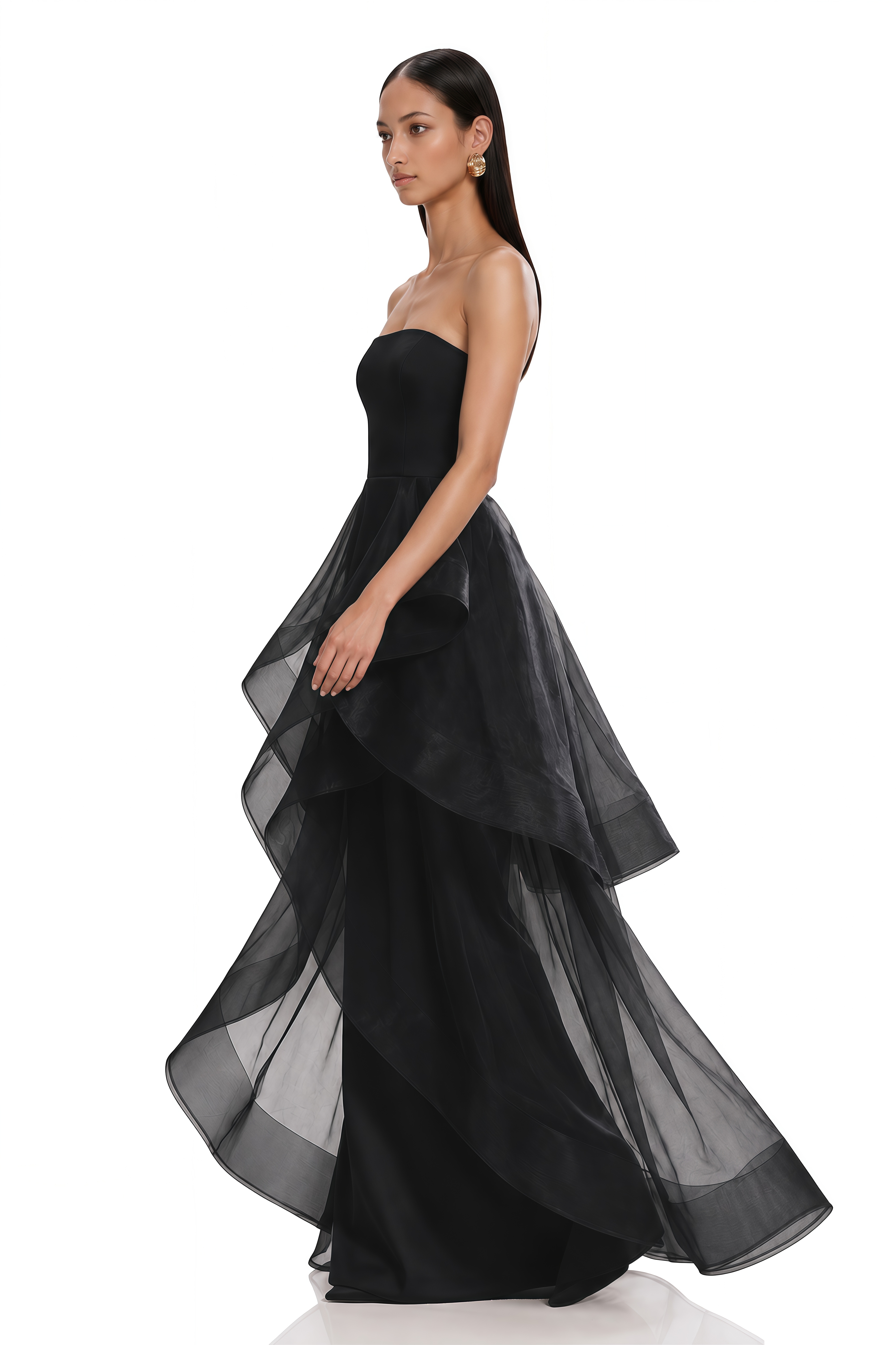 Mirena Black Strapless Organza Ruffle Maxi Dress