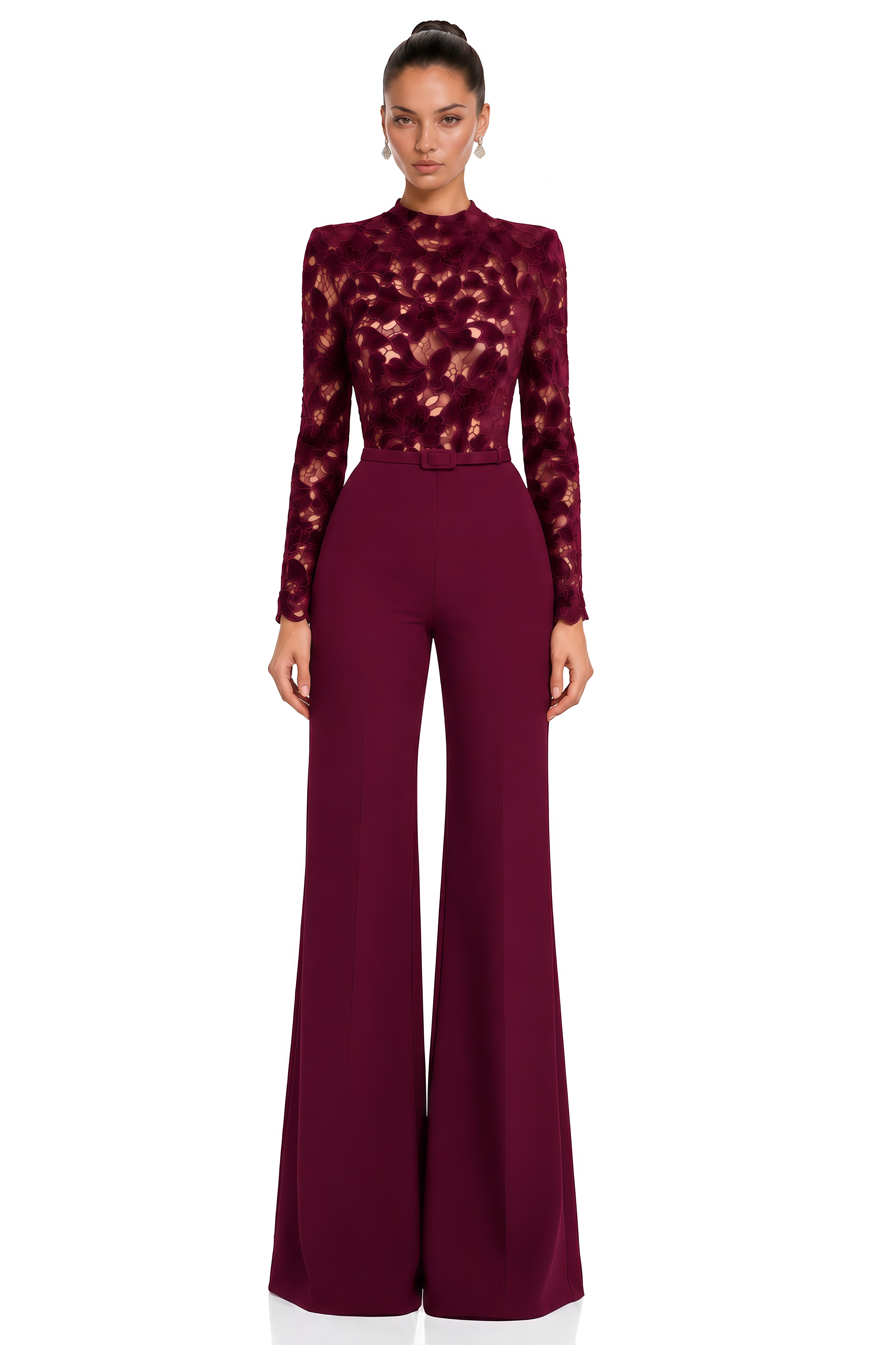 Mireya Burgundy Lace Bodice Wide Leg Jumpsuit