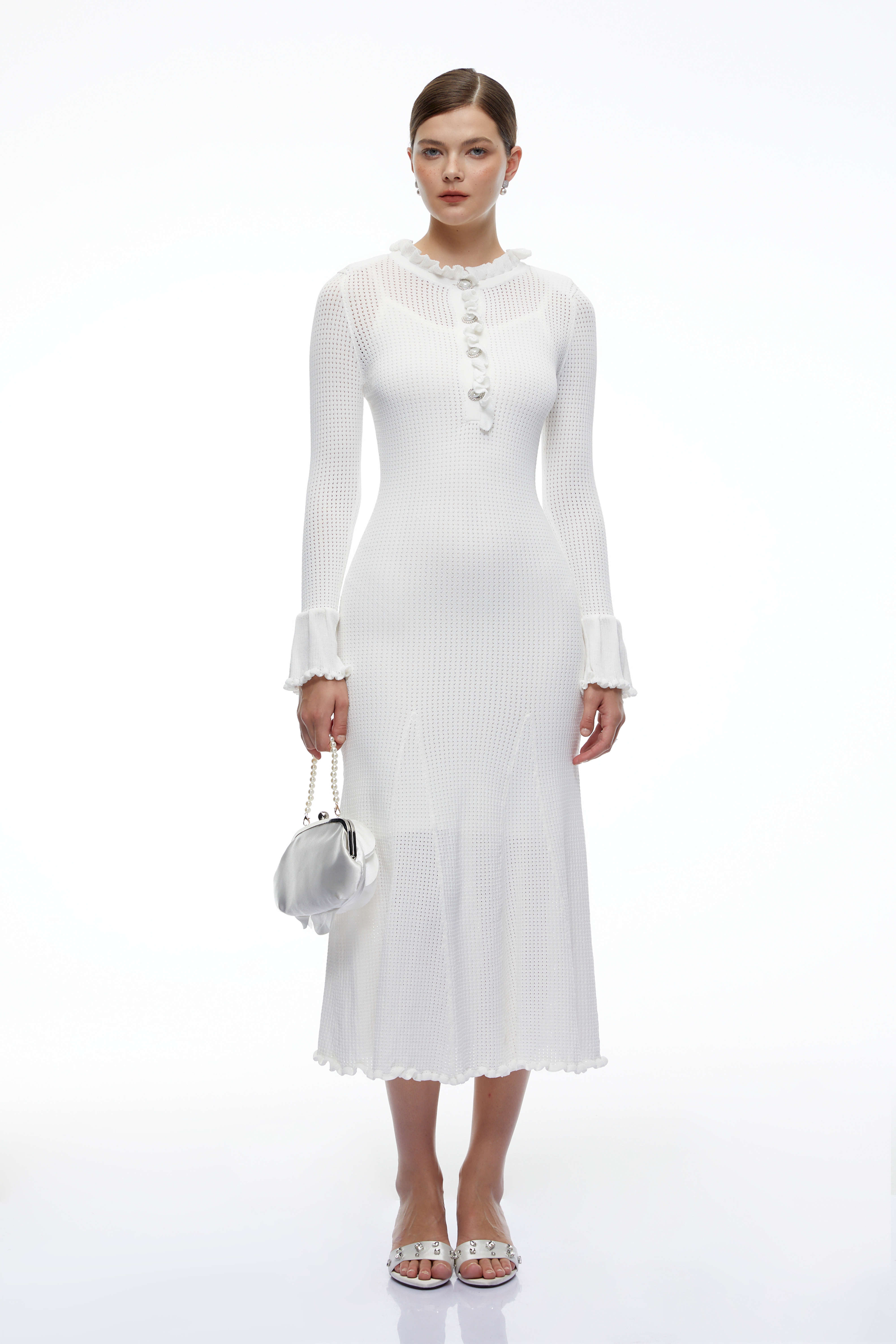 Mireya White Crystal Button Flared Cuff Knit Midi Dress