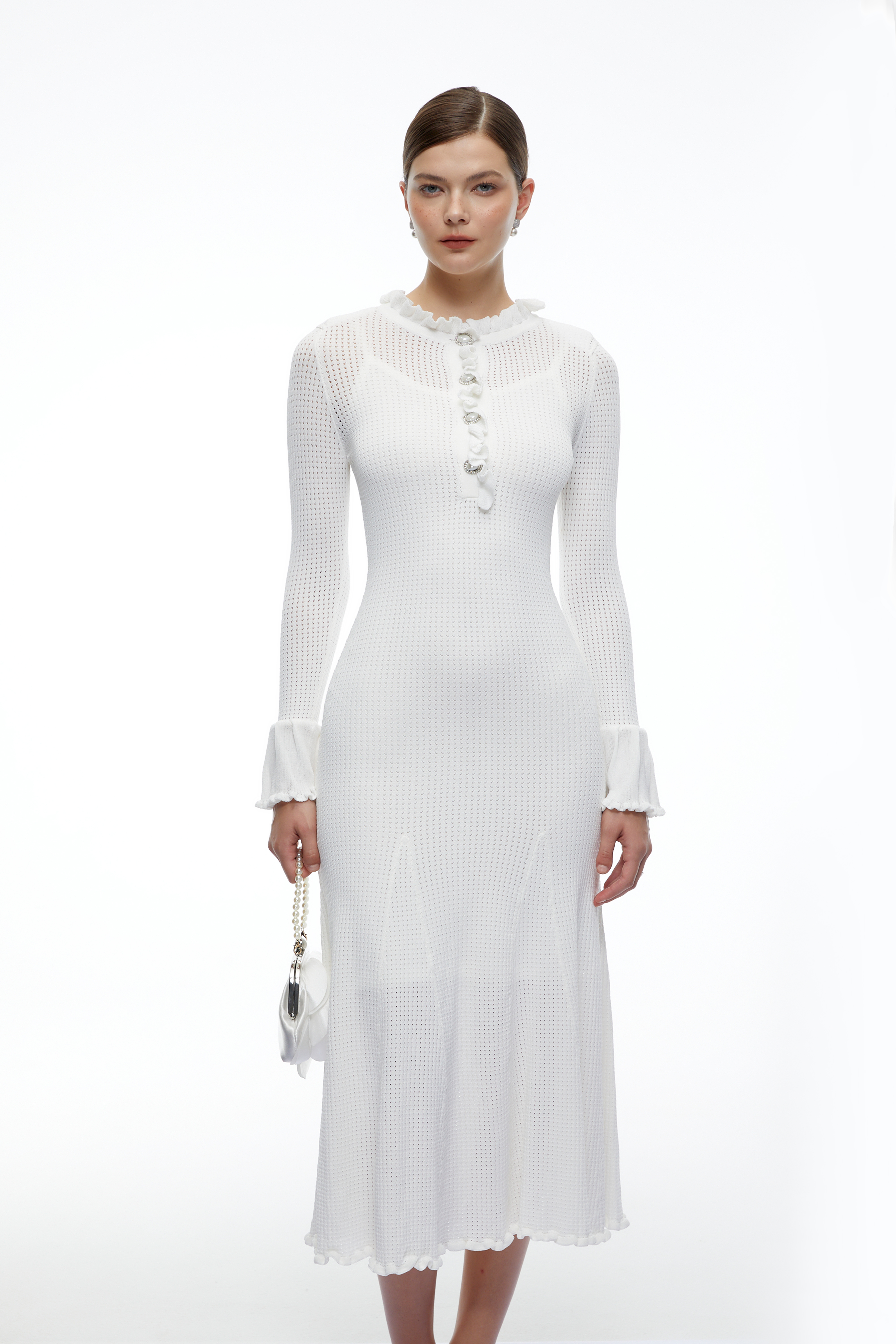 Mireya White Crystal Button Flared Cuff Knit Midi Dress