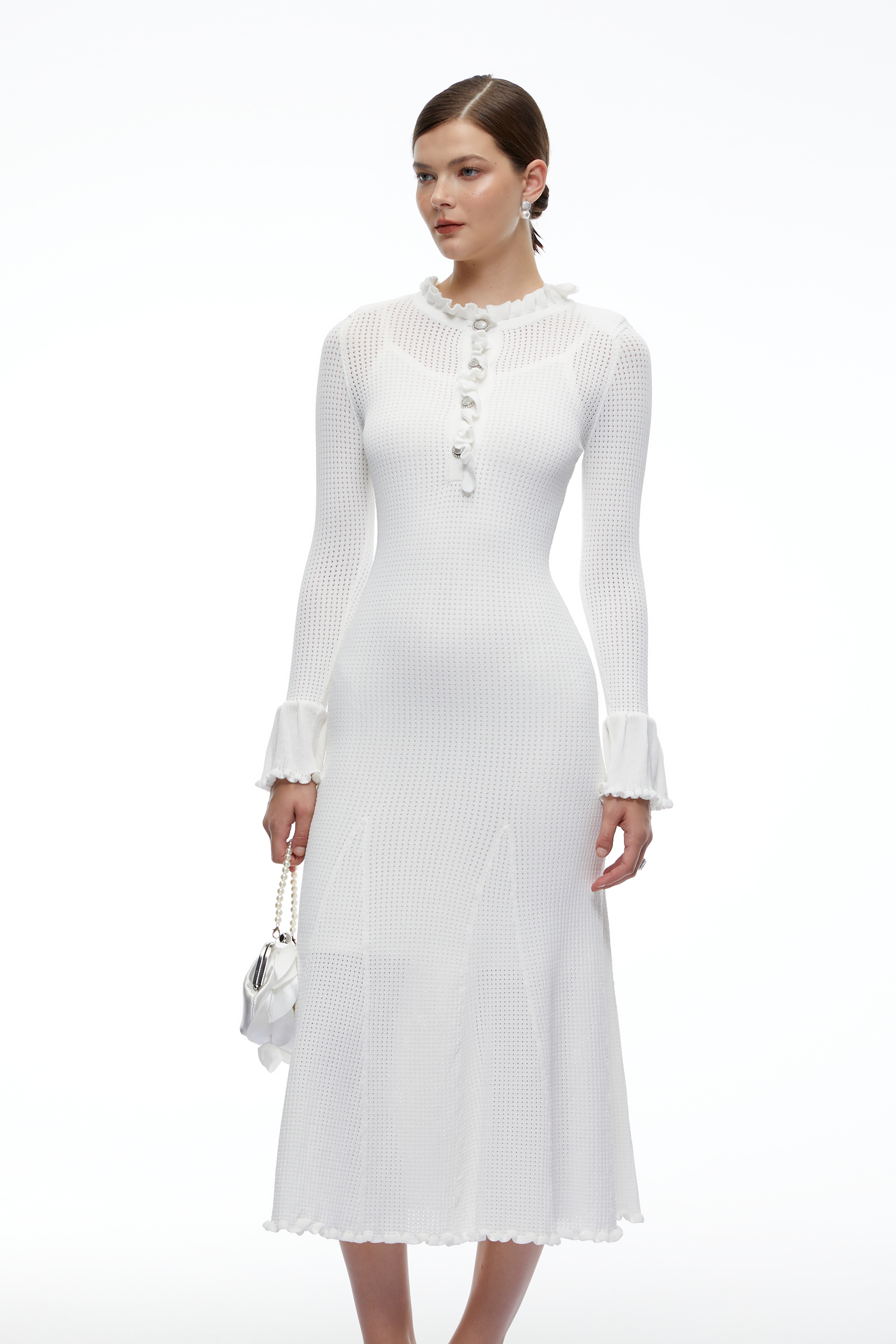 Mireya White Crystal Button Flared Cuff Knit Midi Dress