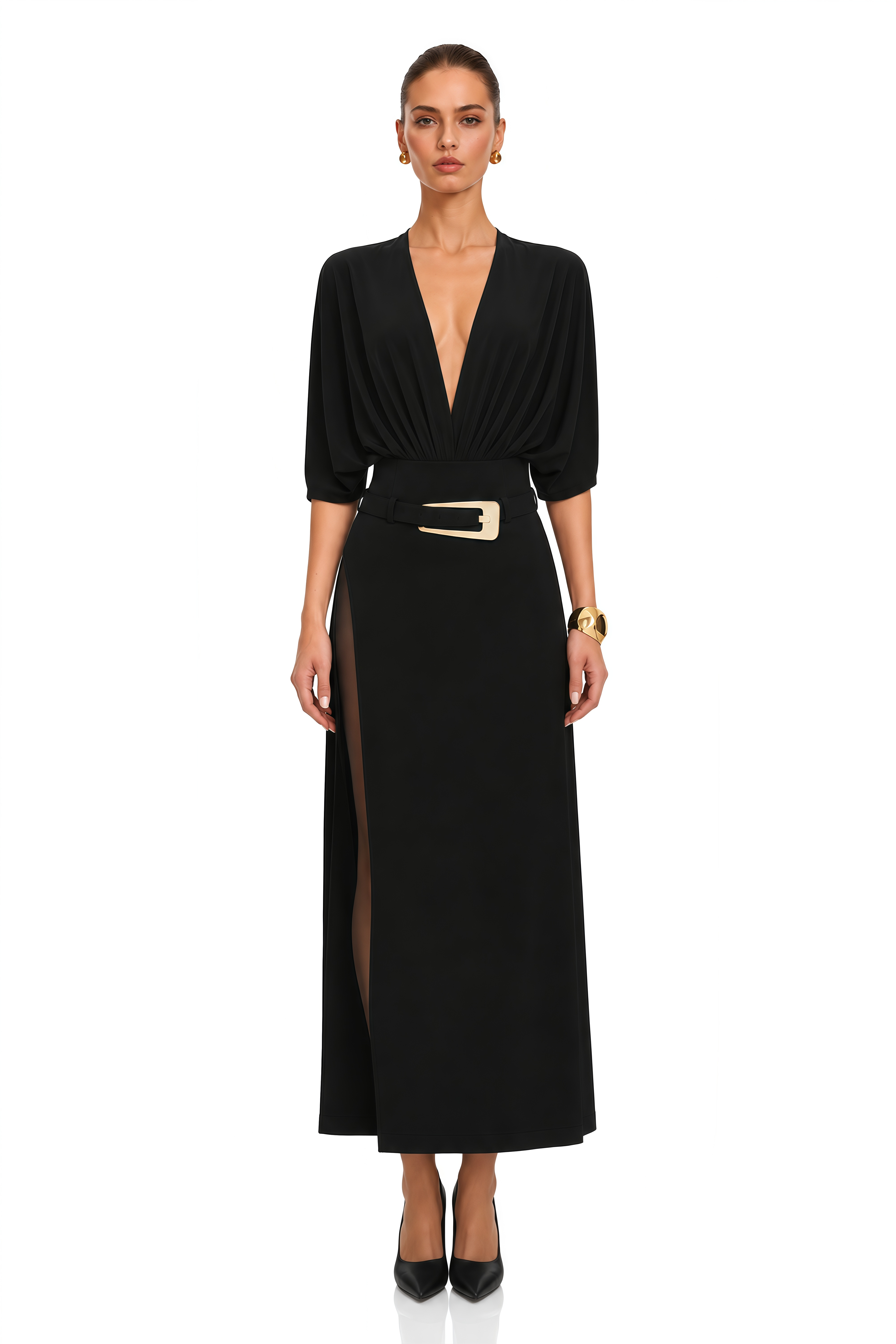 Monique Black Belted Side Slit Maxi Skirt