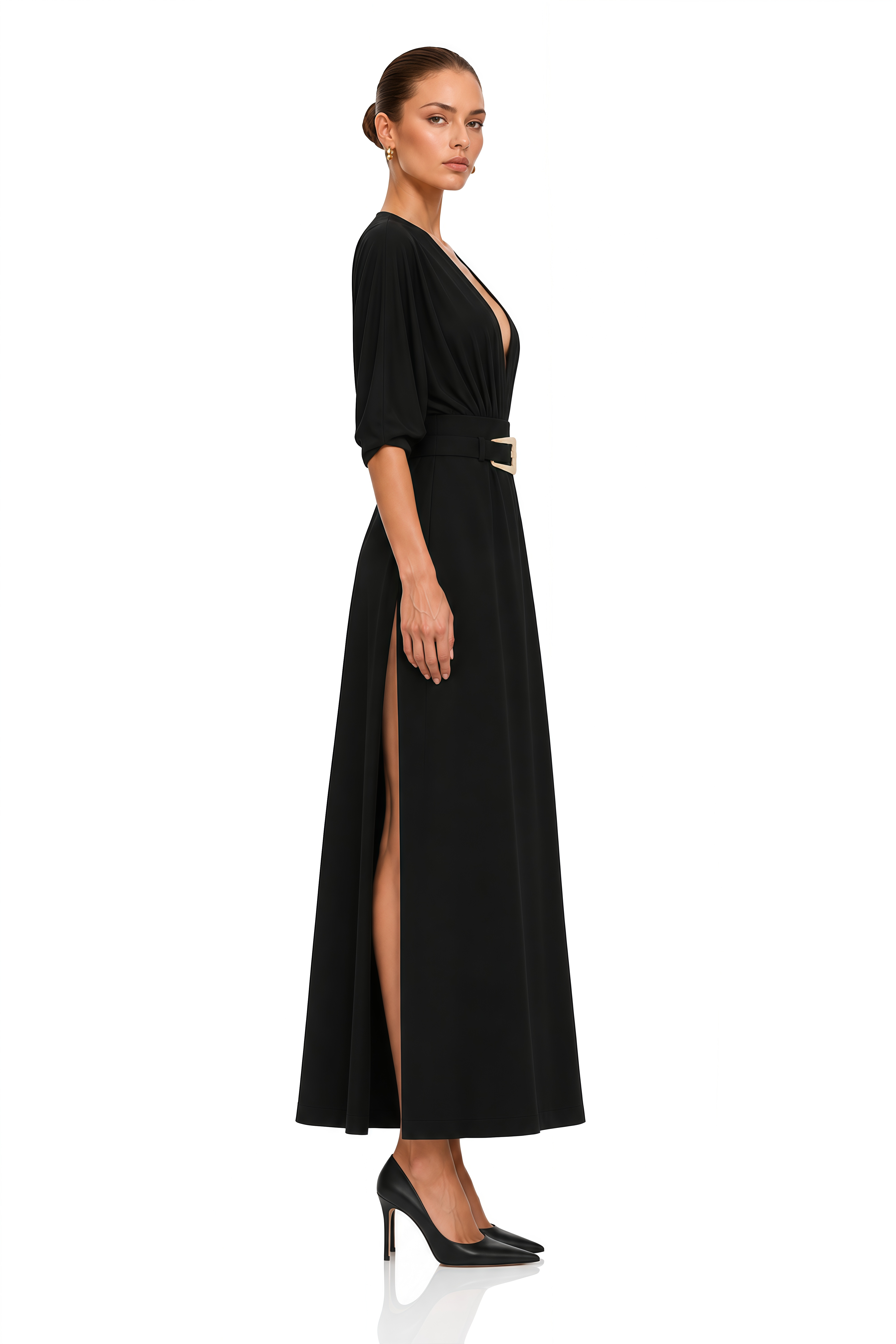 Monique Black Belted Side Slit Maxi Skirt