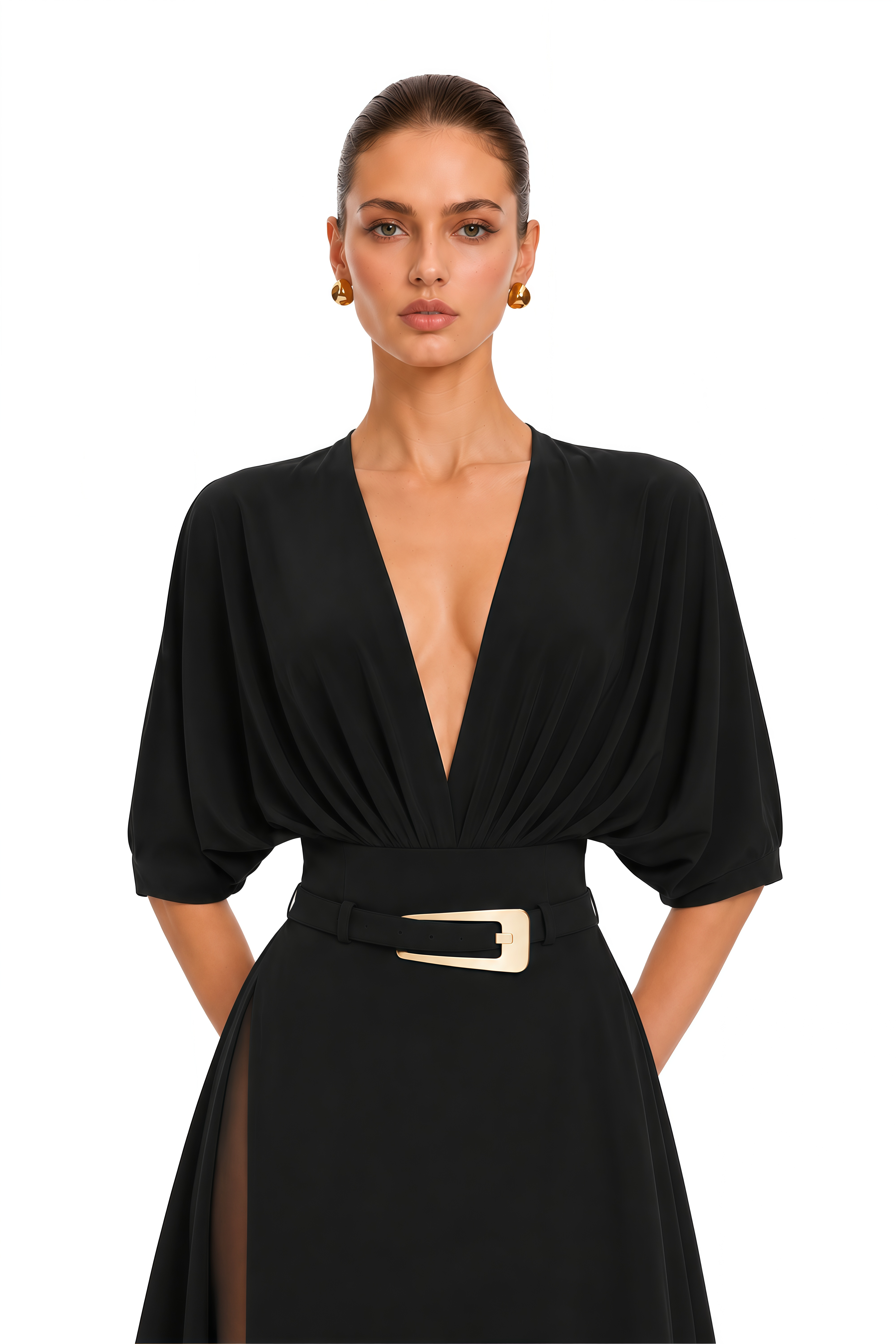 Monique Black Belted Side Slit Maxi Skirt
