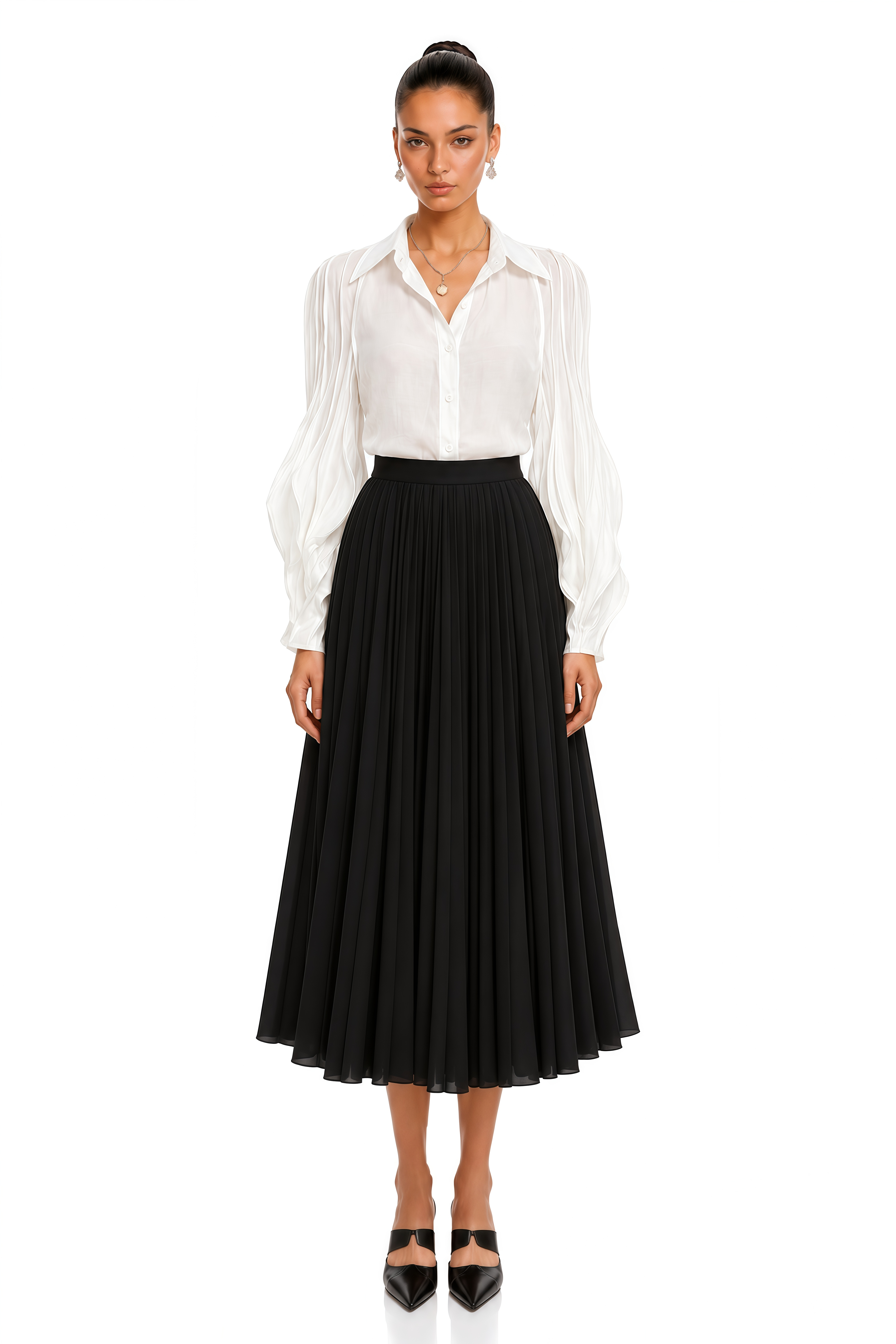 Monique White Pleated Balloon Sleeve Blouse