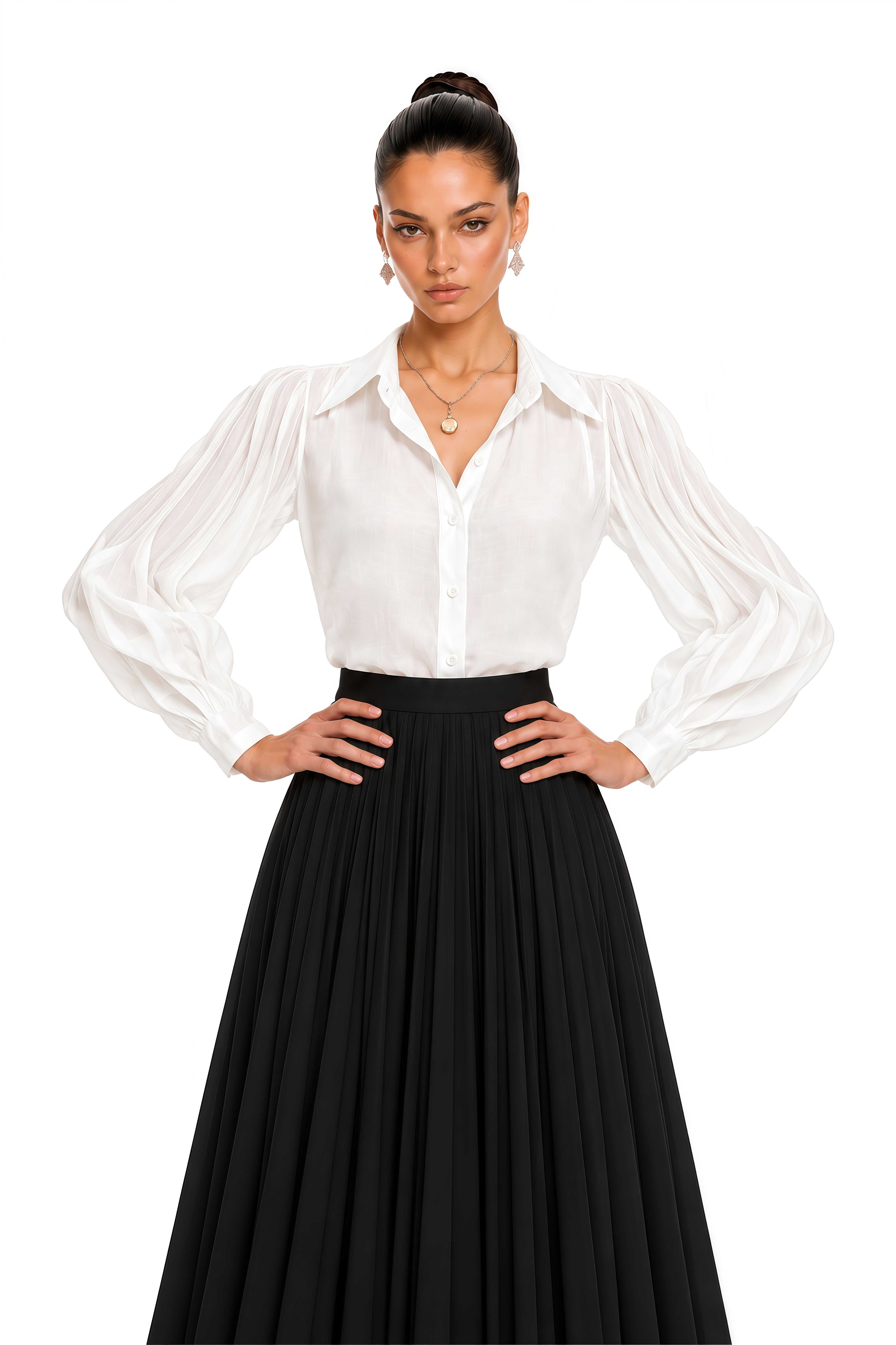 Monique White Pleated Balloon Sleeve Blouse