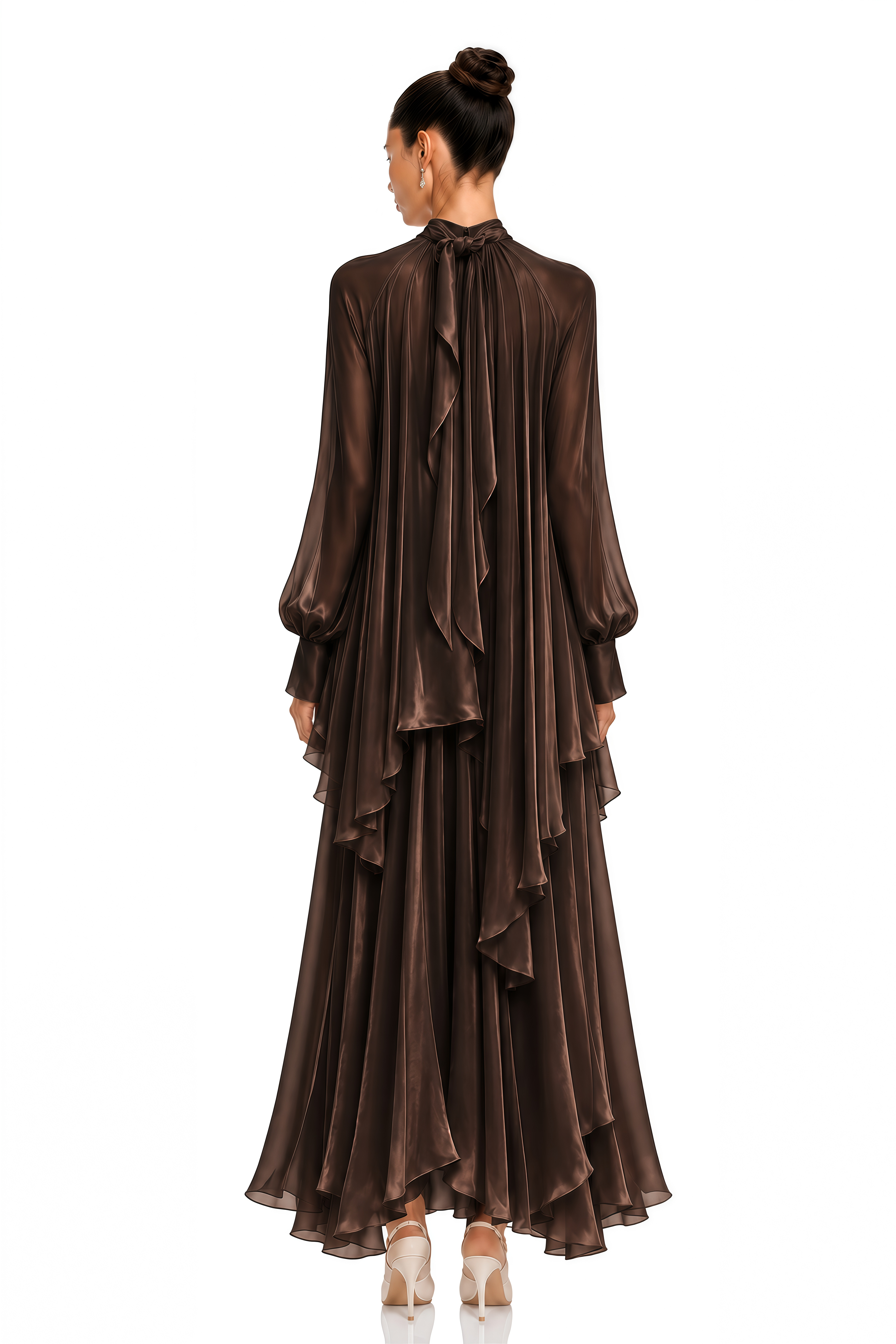 Myia Brown High Neck Long Sleeve Blouse & Maxi Skirt Set