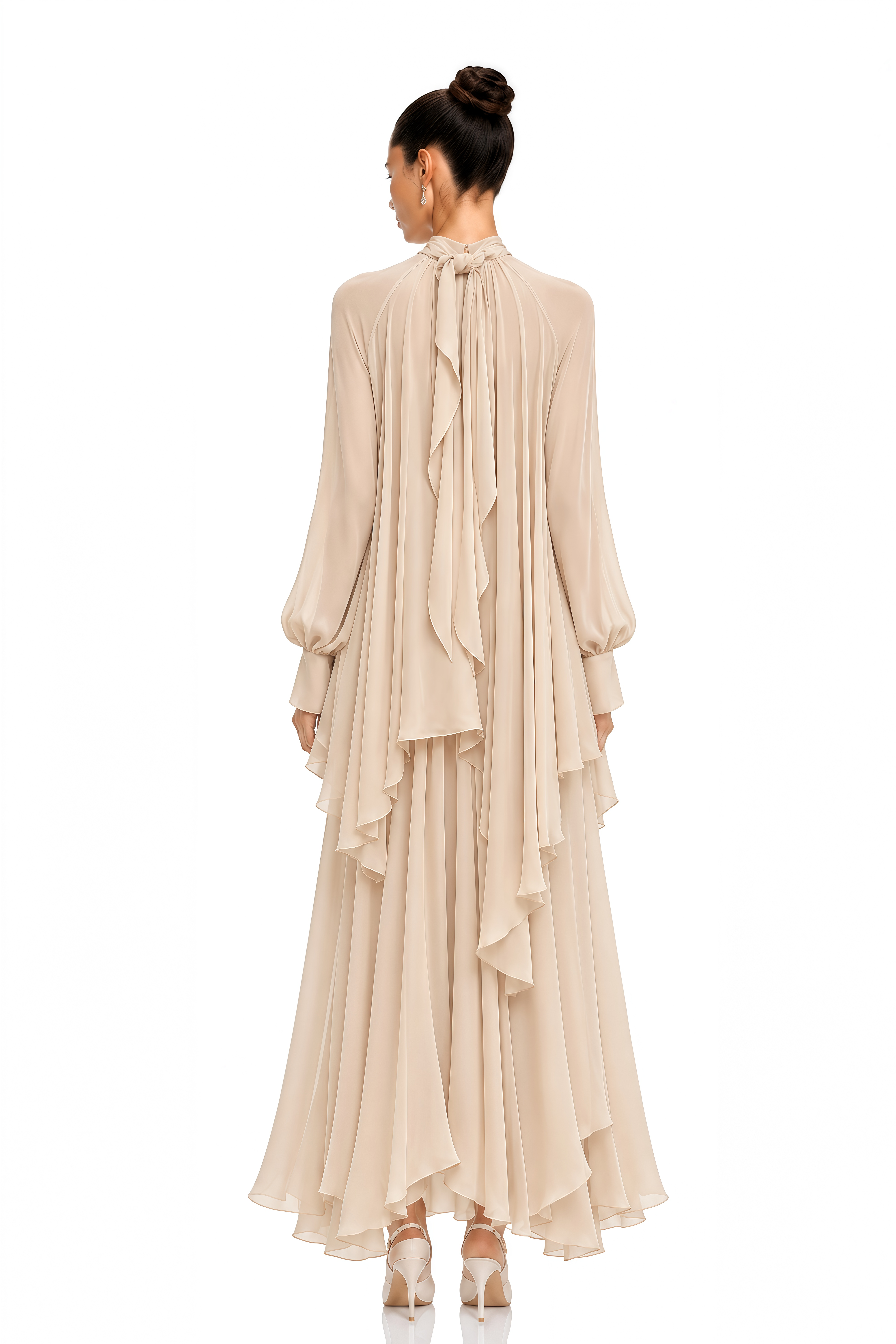 Myia Neutral High Neck Long Sleeve Blouse & Maxi Skirt Set