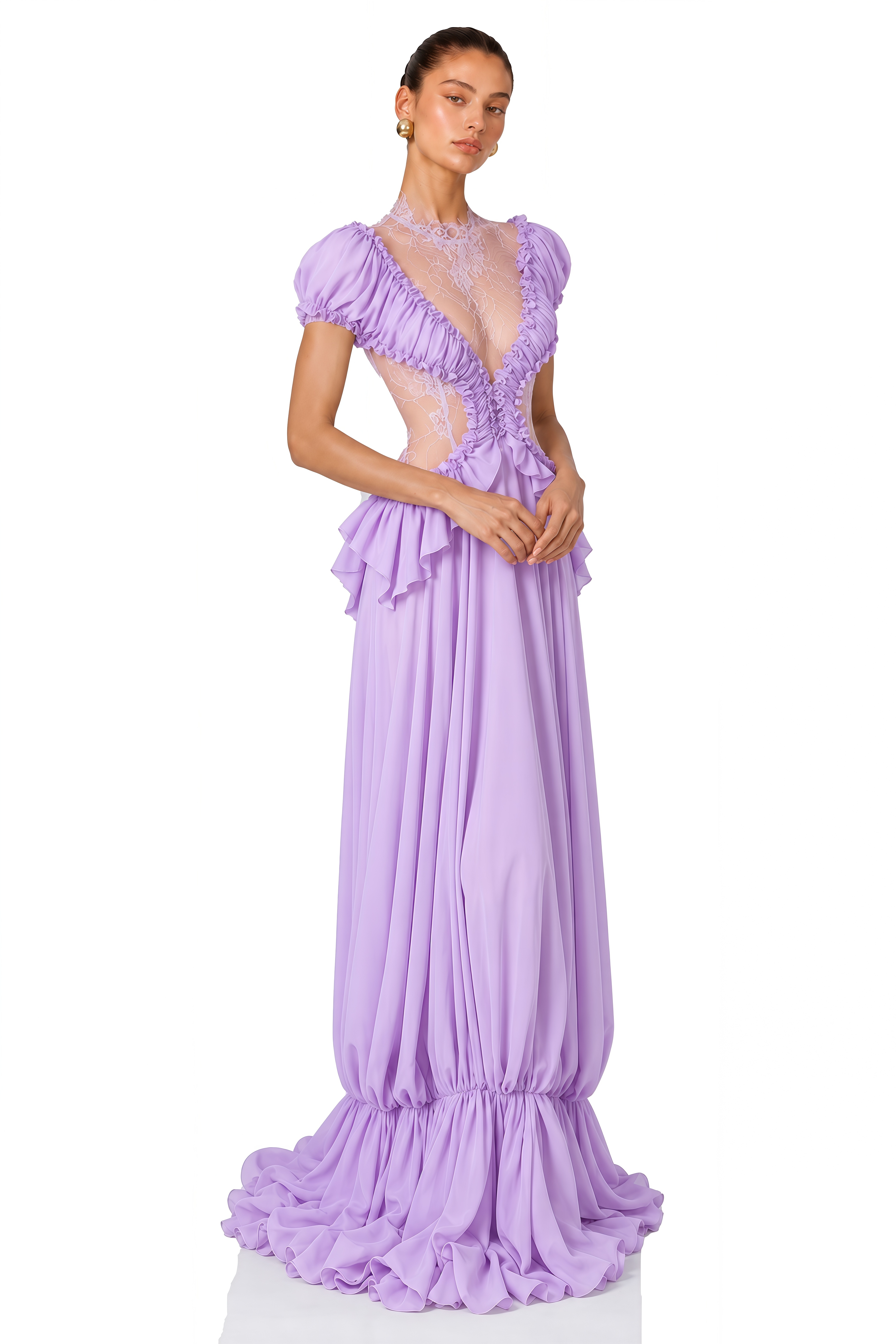 Myrah Lavender Lace Ruffle Maxi Dress