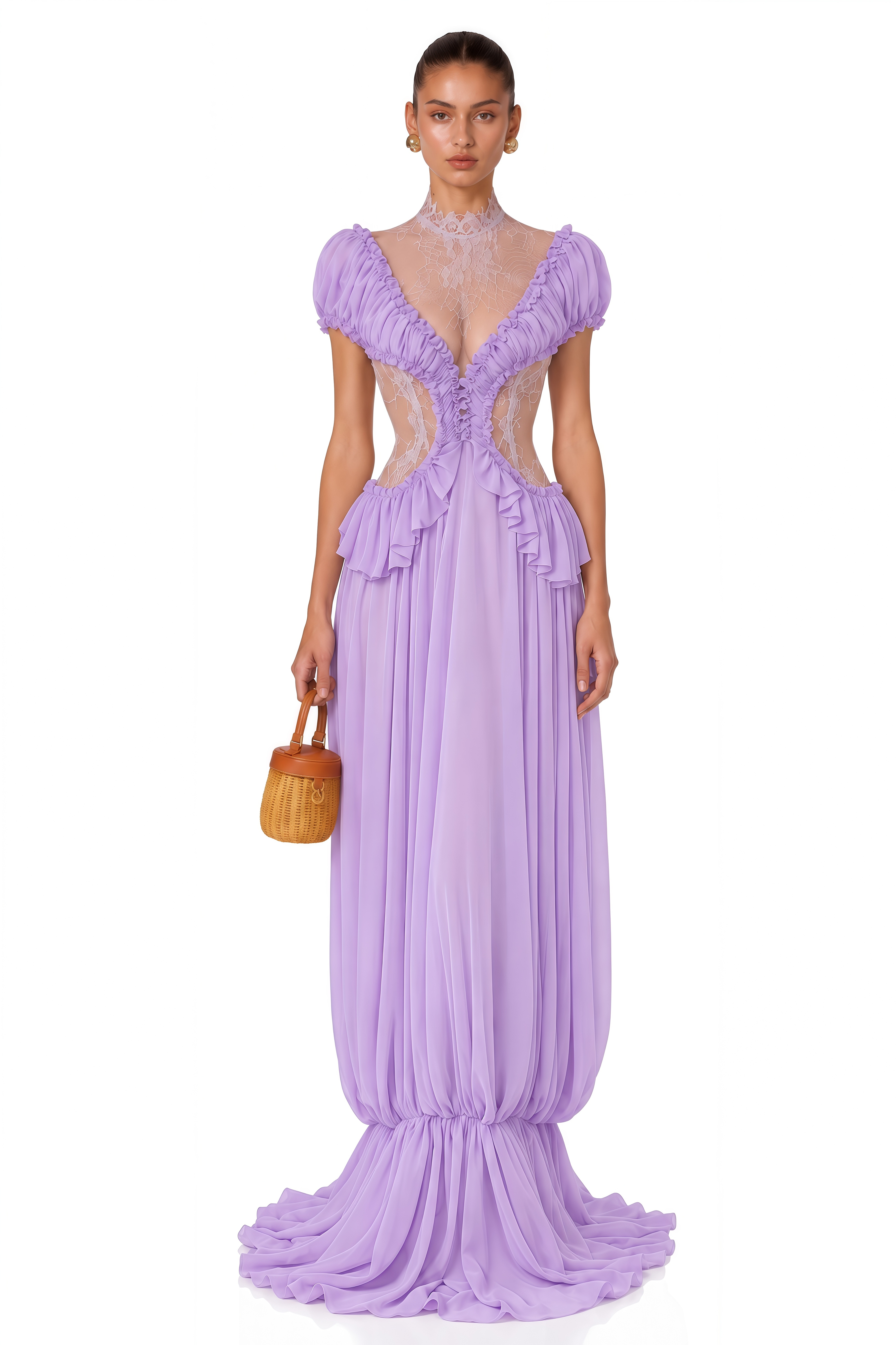 Myrah Lavender Lace Ruffle Maxi Dress