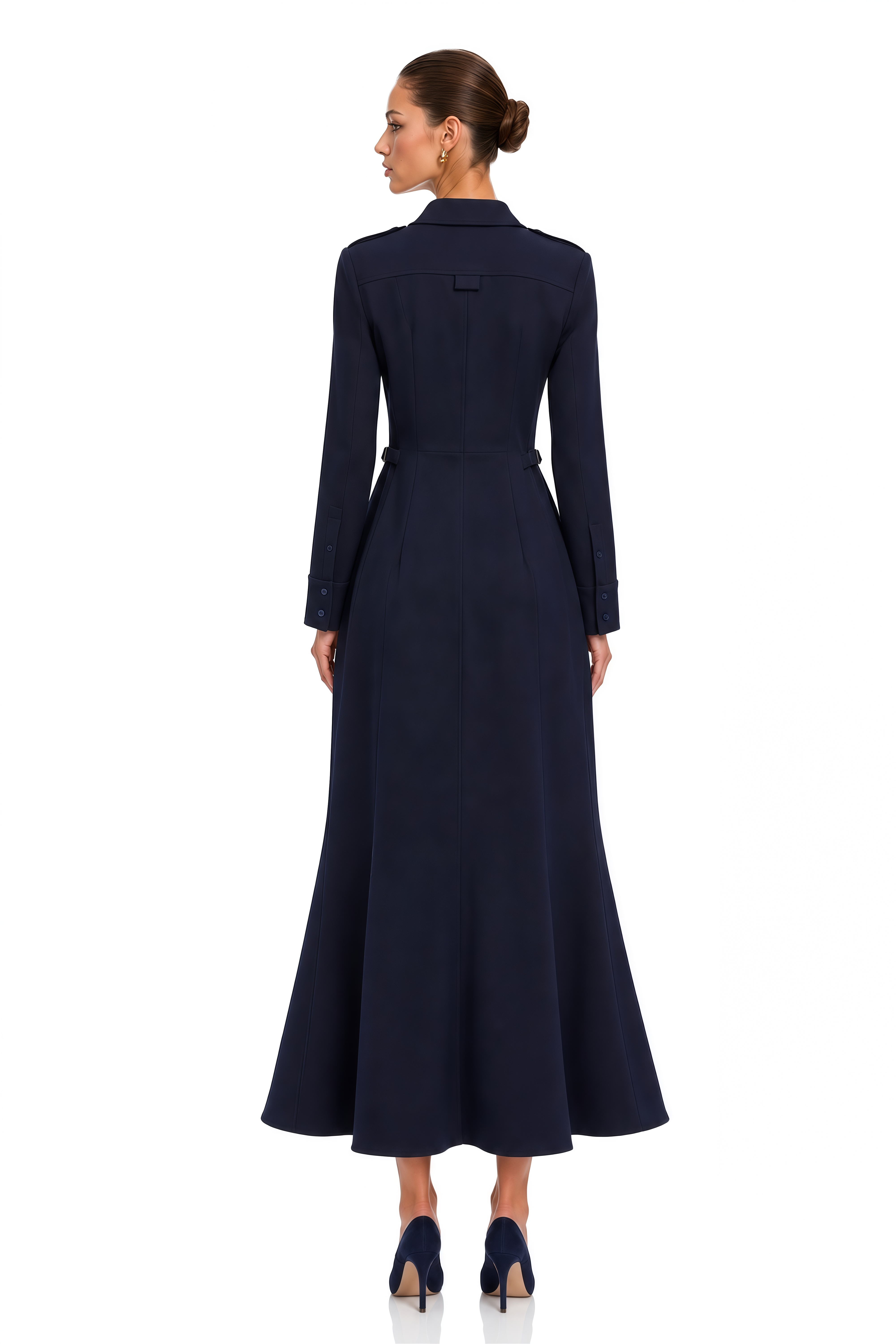 Nadia Navy Belted Long Sleeve Shirt Midi Dress