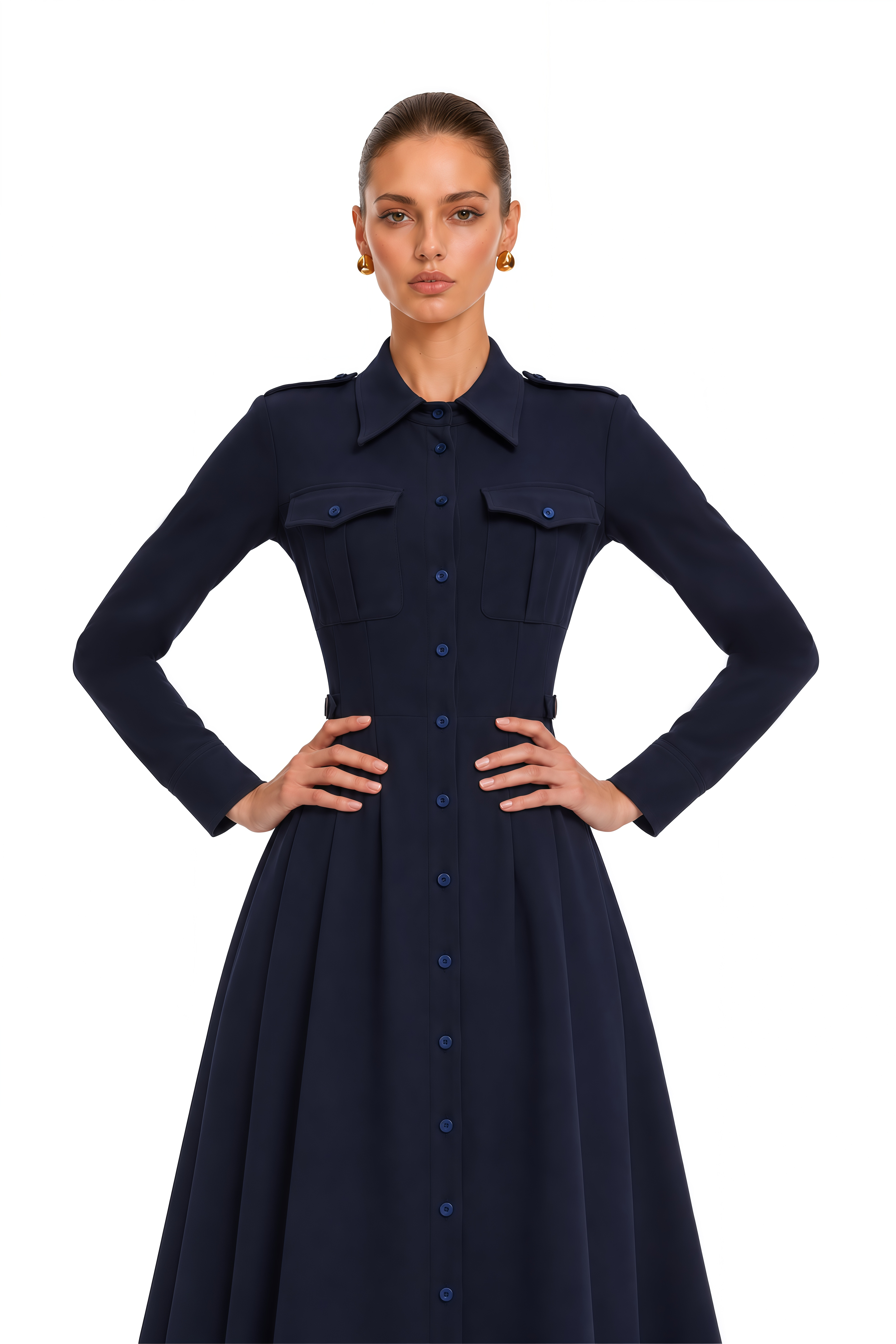 Nadia Navy Belted Long Sleeve Shirt Midi Dress