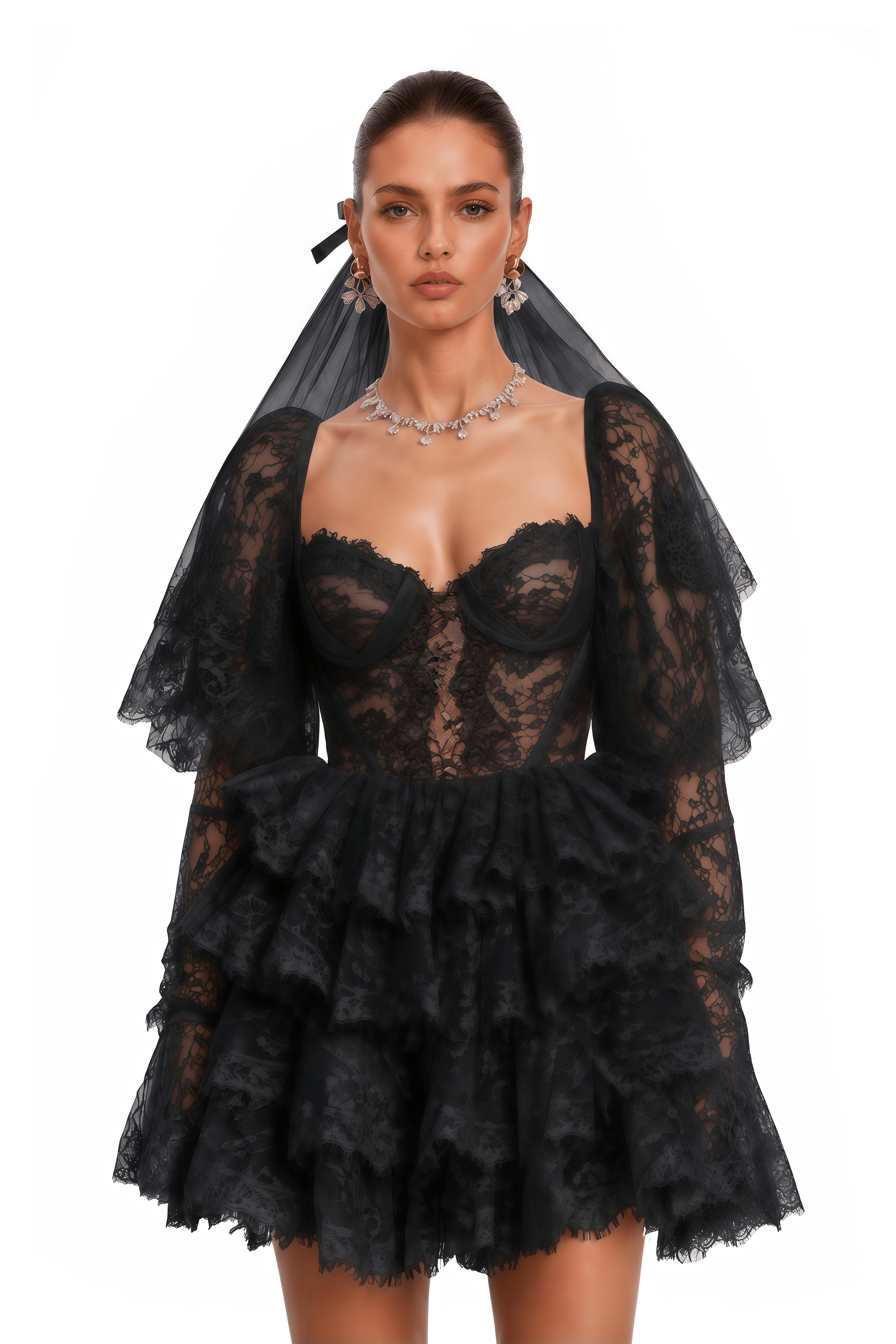 Nadine Black Semi-Sheer Mini Dress with Lace Trim