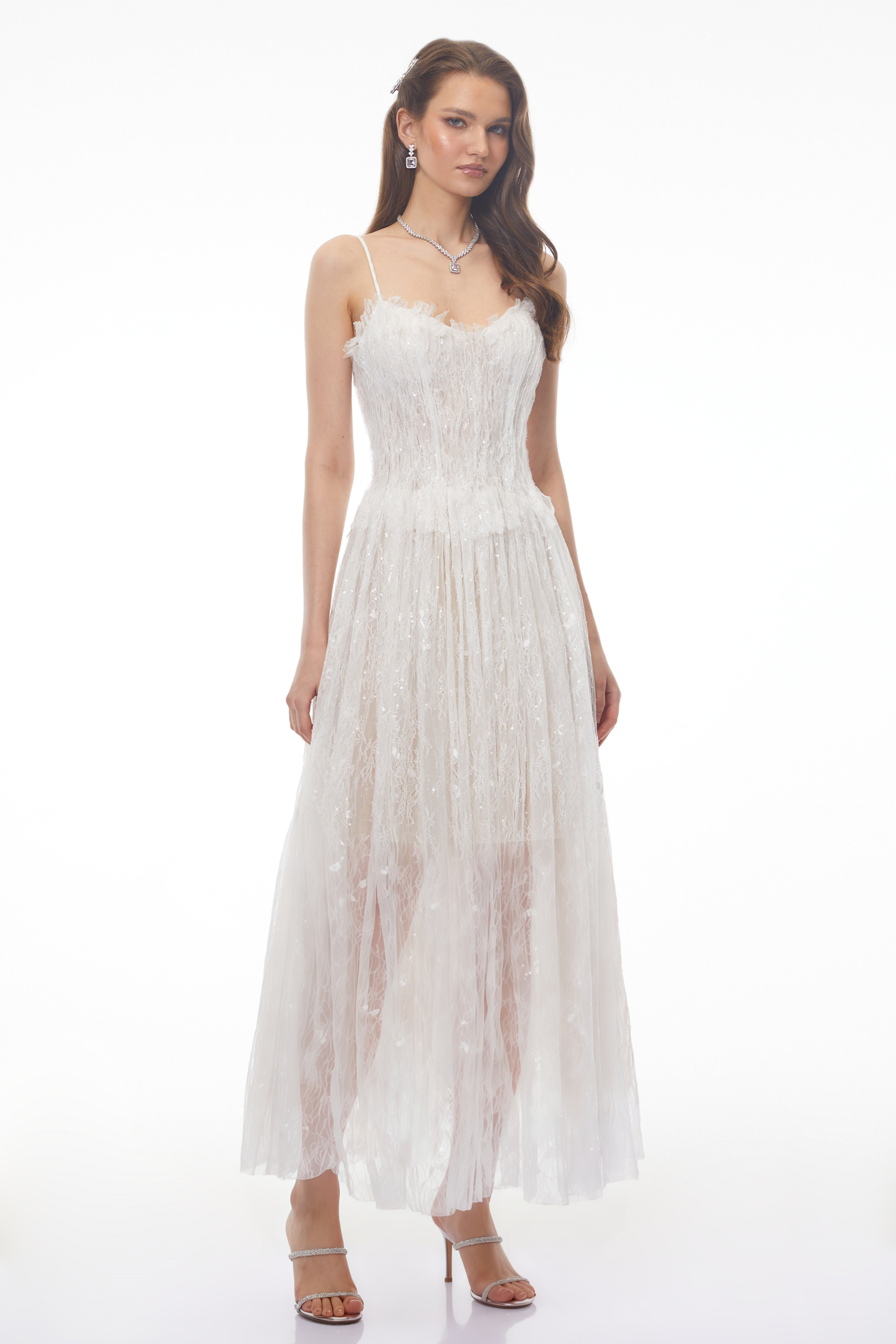 Nadir White Pleated Lace Maxi Dress