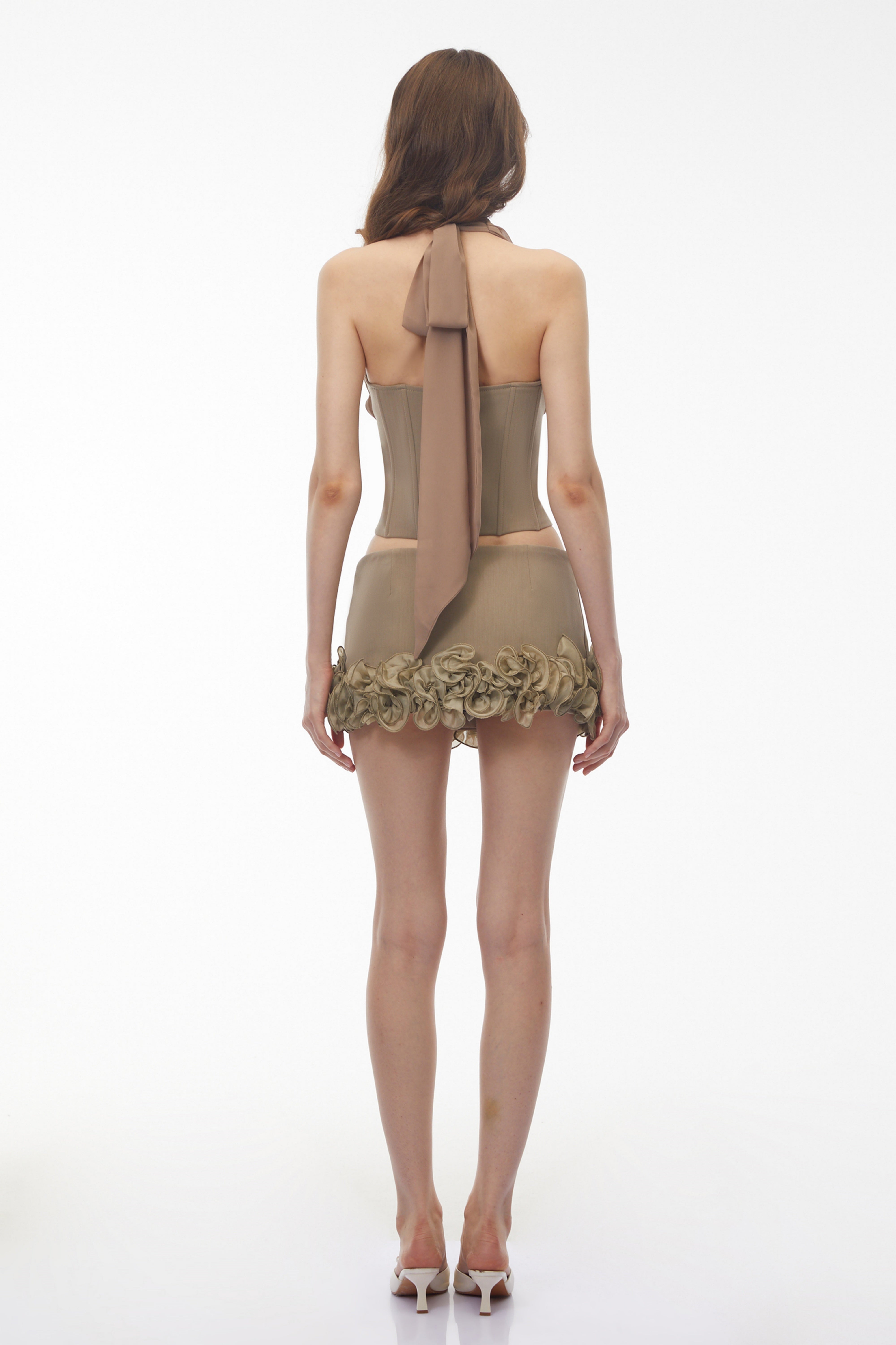 Taupe halter corset top and floral rosette mini skirt set